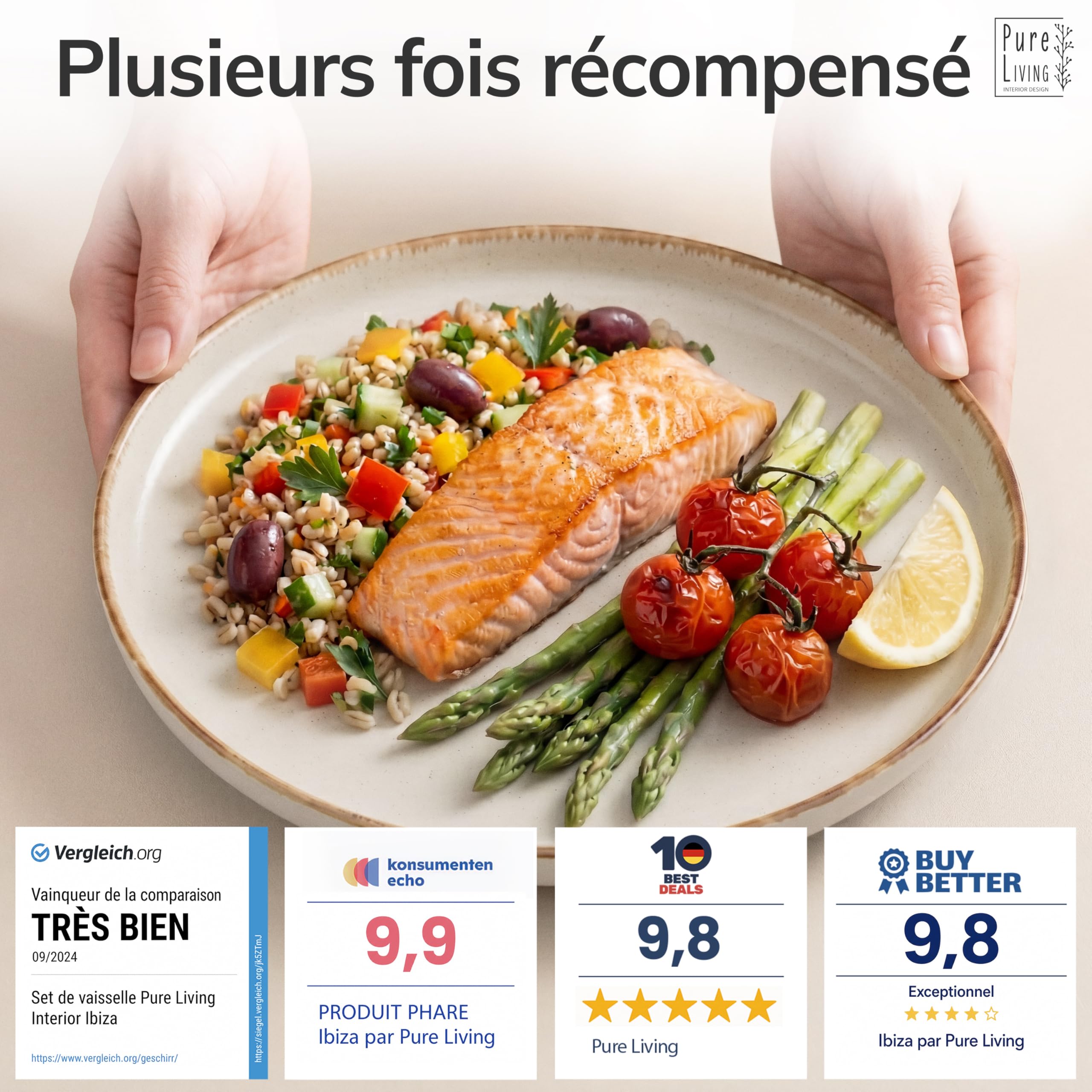 Pure Living Service de table en faïence rustique pour 6 personnes 24 pièces Vainqueur du test Style maison de campagne Service de table en faïence de qualité supérieure Beige