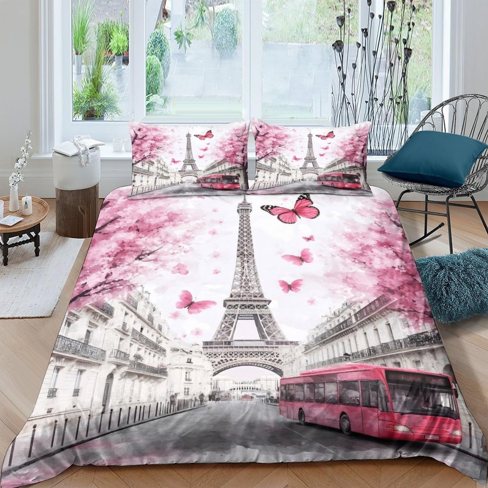 GPLZQXKJNH 3D Printed Eiffel Tower Pink City Duvet Cover Microfiber Soft Breathable Paris Street Bedding Set with 2 Pillowcases for Bedroom Home Decor Single（135x200cm）
