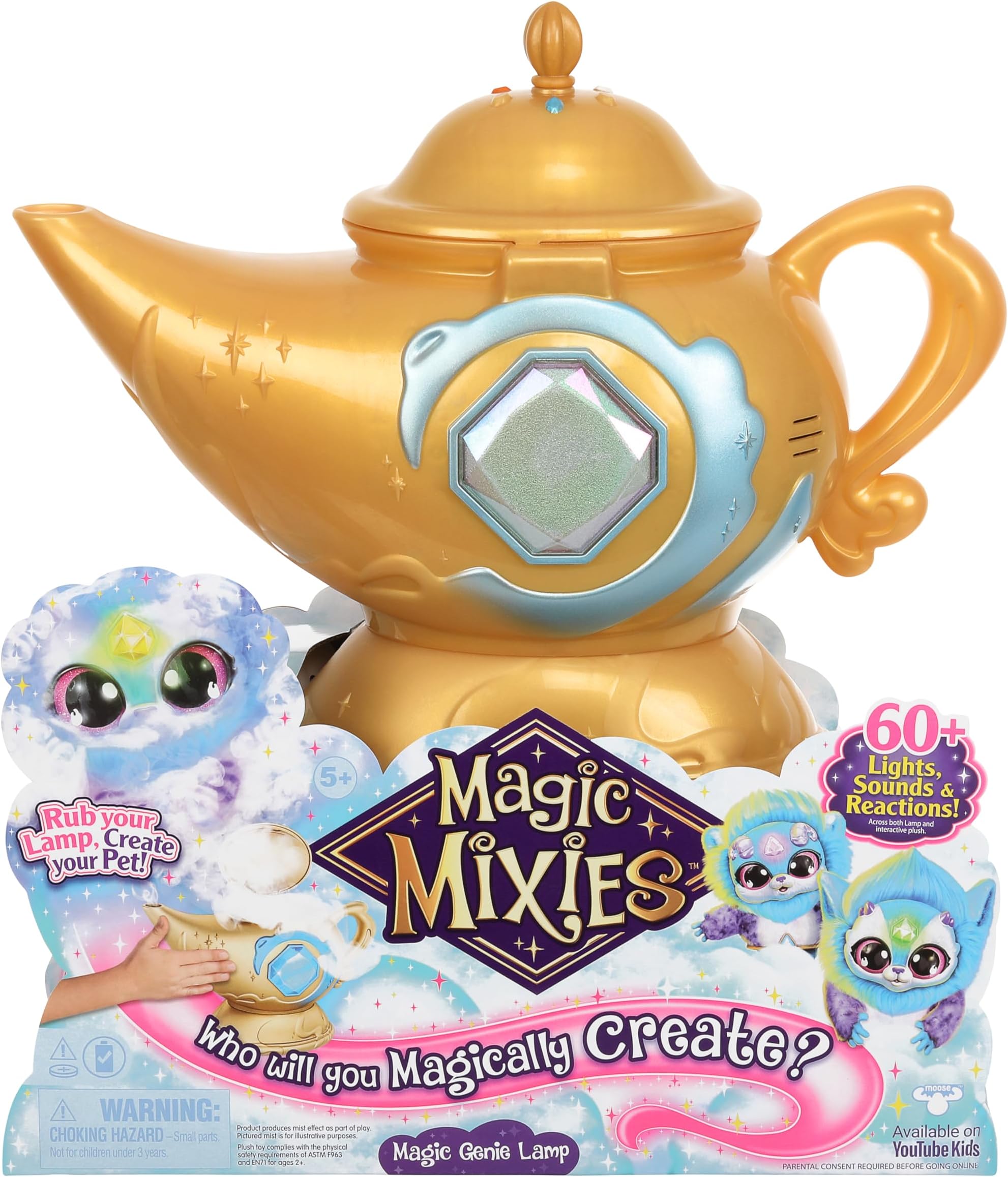 Magic Genie Lamp with Interactive 8 inch Blue Plush Toy & 60+ Sounds and Reactions: Perform The Magic Steps to Unlock a Magic Ring & Reveal a Blue Genie Mixie From the Real Misting Lamp