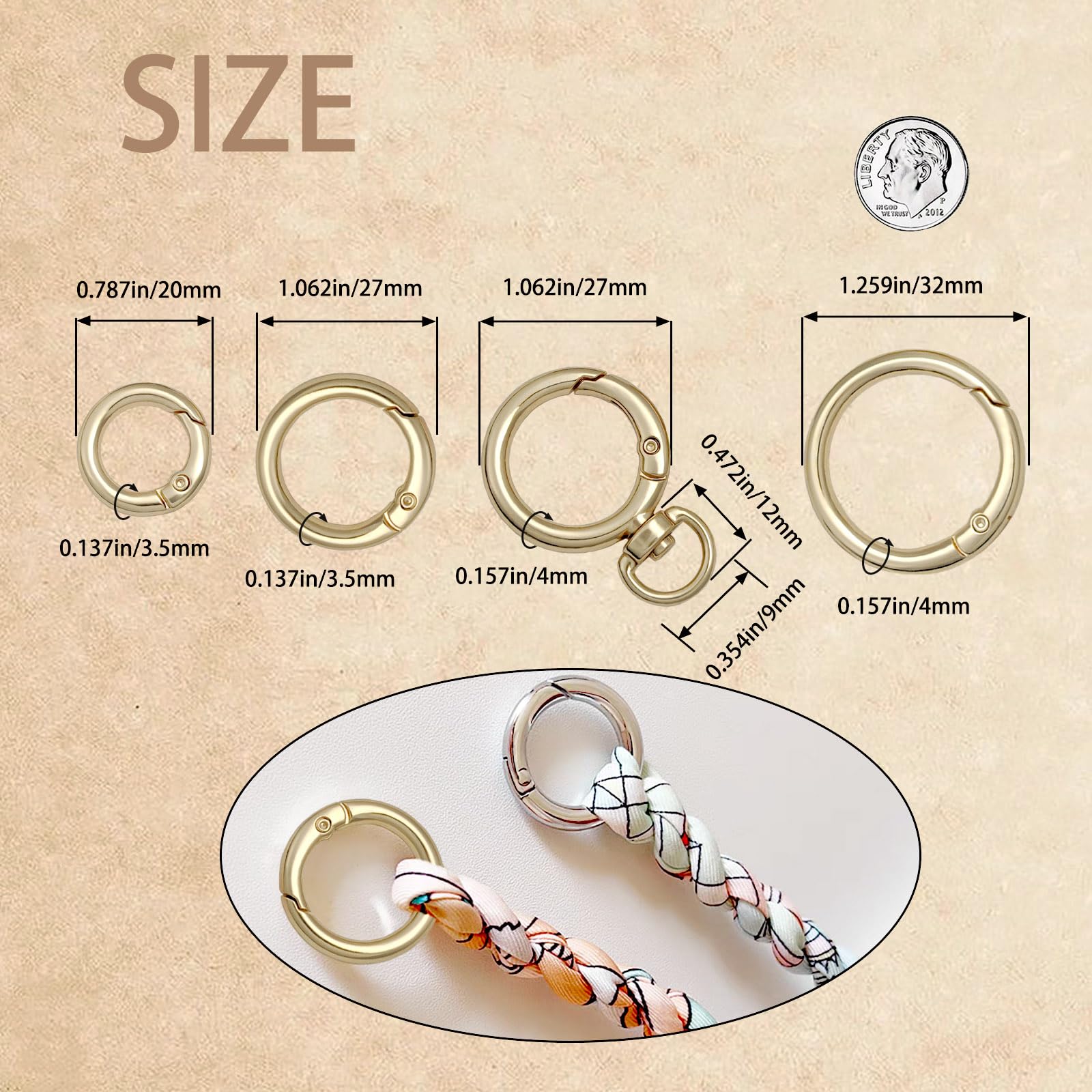 HOLAILS Multi-Function Carabiner Key Rings Carabiner Round Carabiner Clips Keychain Purse Wrist Strap Closure Shoulder Bag Chain Rings Clip Keychain Lanyard Leather DIY Crafts as Valentine Gift(8Gold)