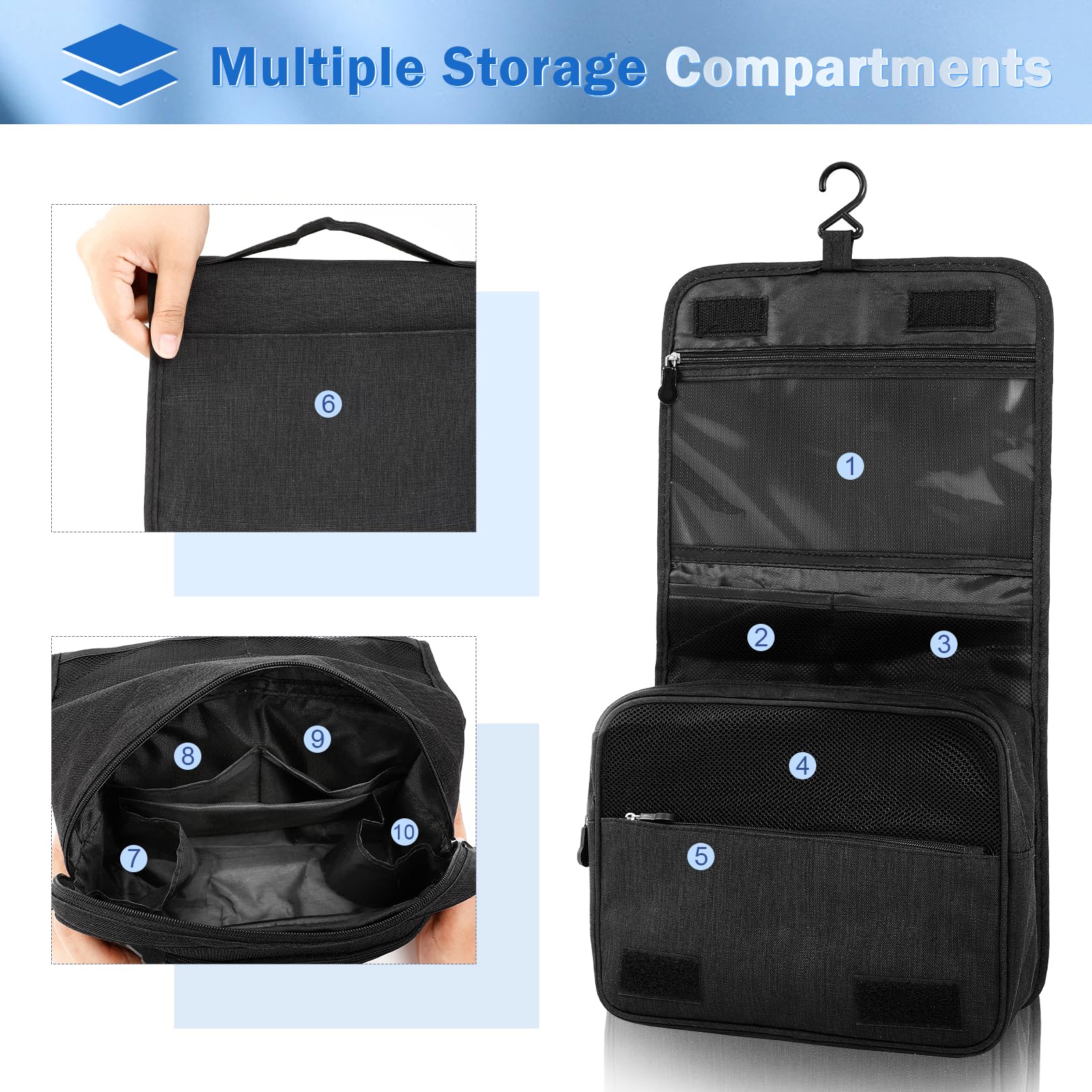 AiQInu Trousse de Toilette, Pliable Grande Trousse de Toilette Voyage pour Hommes et Femmes,Multifonction Imperméable Sac Cosmétique Organisateur de Voyage avec Crochets - 3