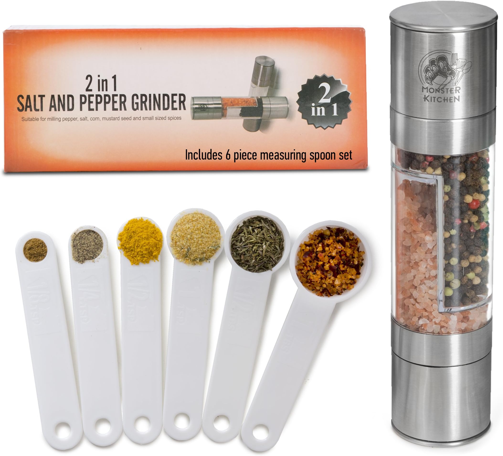 Salt and Pepper Grinder (Stainless Steel) Set PLUS 6 Piece Measuring Spoon Set - All In One Spice Mill with Ceramic Grinding by Monster Kitchen