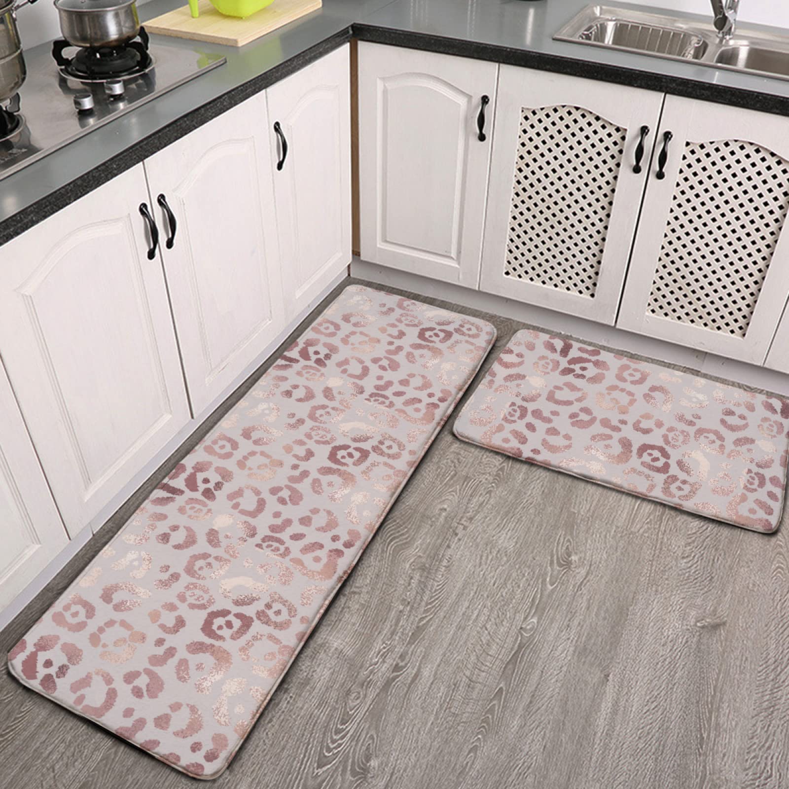 YouTary Rose Gold Leopard Pattern Kitchen Rug Set 2 PCS Floor Mats Washable Non-Slip Soft Flannel Runner Rug Doormat Carpet for Kitchen Bathroom Laundry