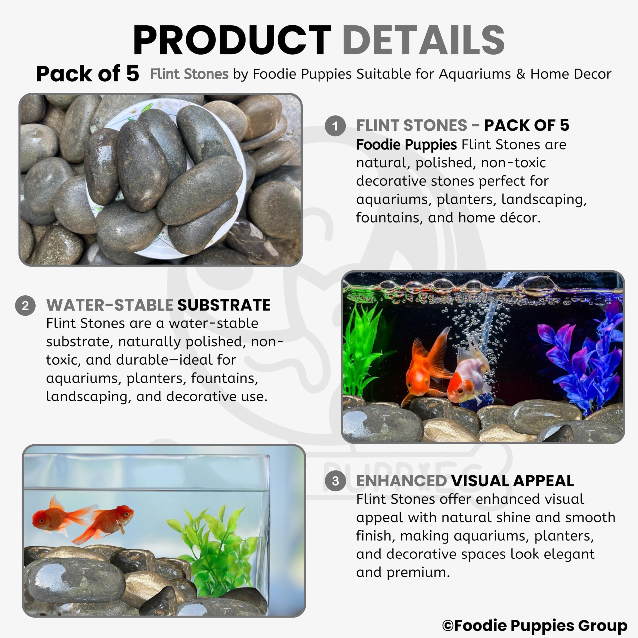 Foodie Puppies Natural Decorative River Pebble Mix Size Grey Stones - (Grey Flint - Pack of 5) for Aquarium/Fish Tank, Garden, Landscaping, Home Decoration, River Rock Art & Plants