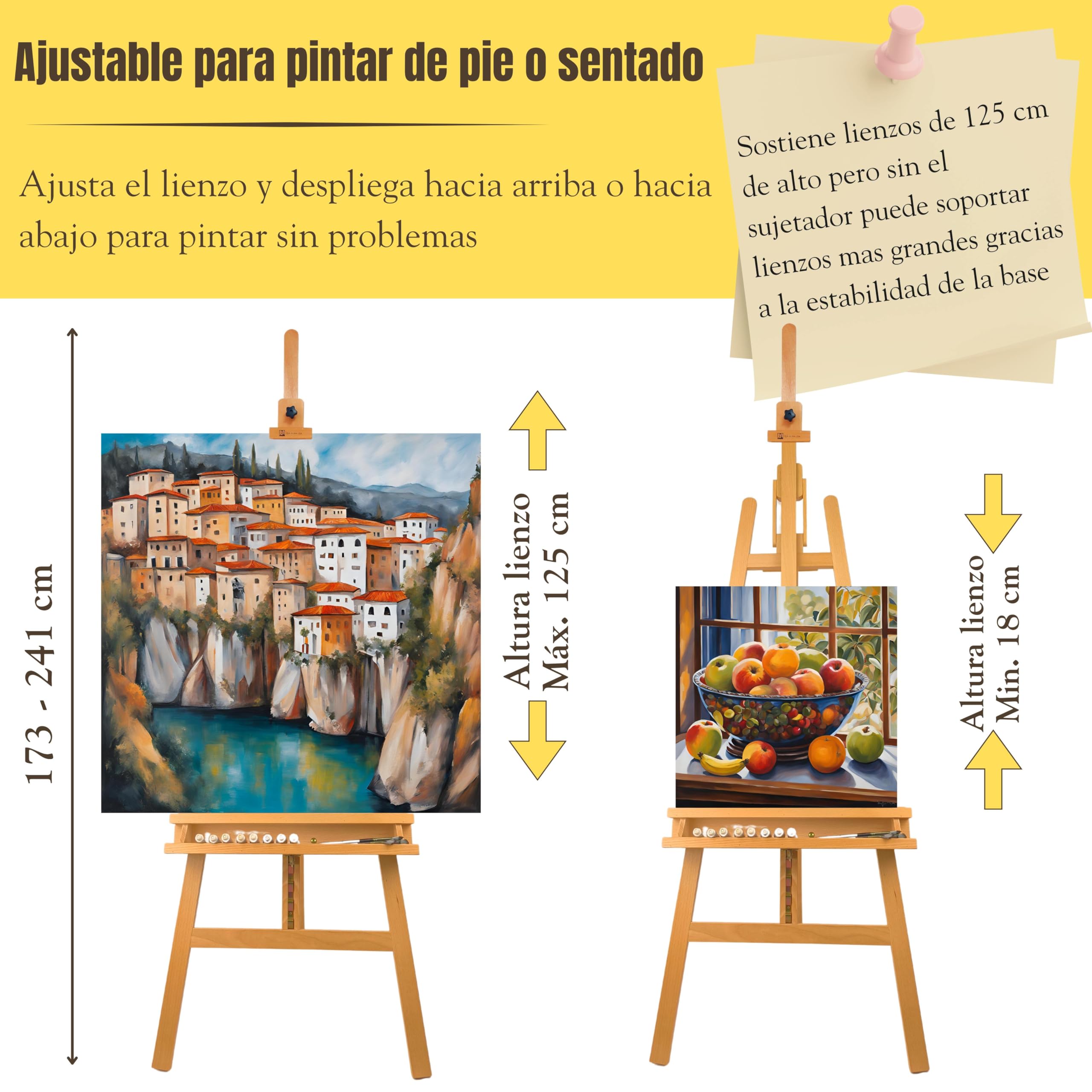 Caballete pintura profesional VERMEER Soporta lienzos grandes hasta 125 cm, Altura Ajustable desde 173-241 cm. Caballete Madera de Haya Fácil de Montar para Adultos, Artistas