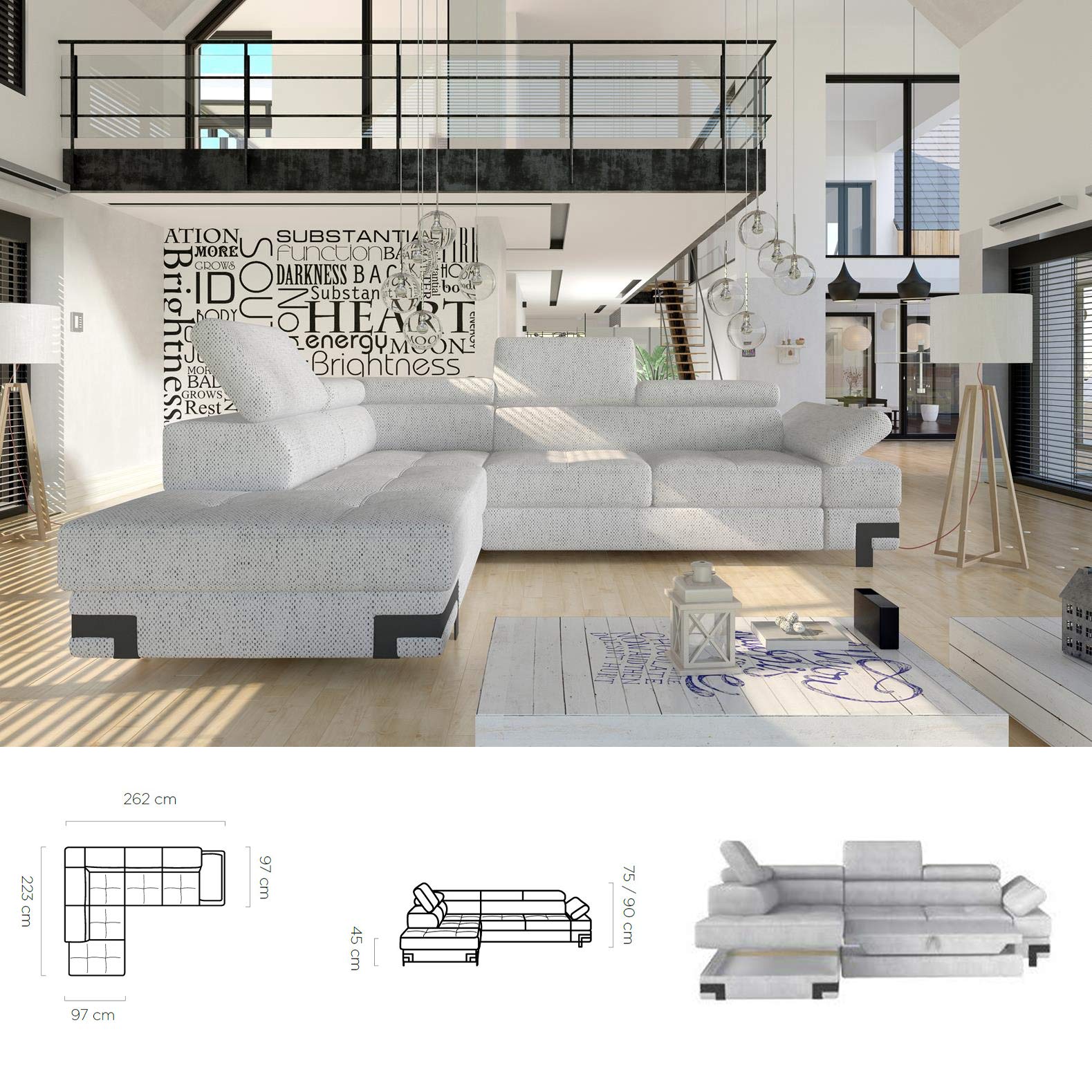 BMF "EMPORIO L MODERN Corner Sofa Bed Storage Relax Function Faux Leather or Fabric - LEFT FACING - 275cm x 223cm