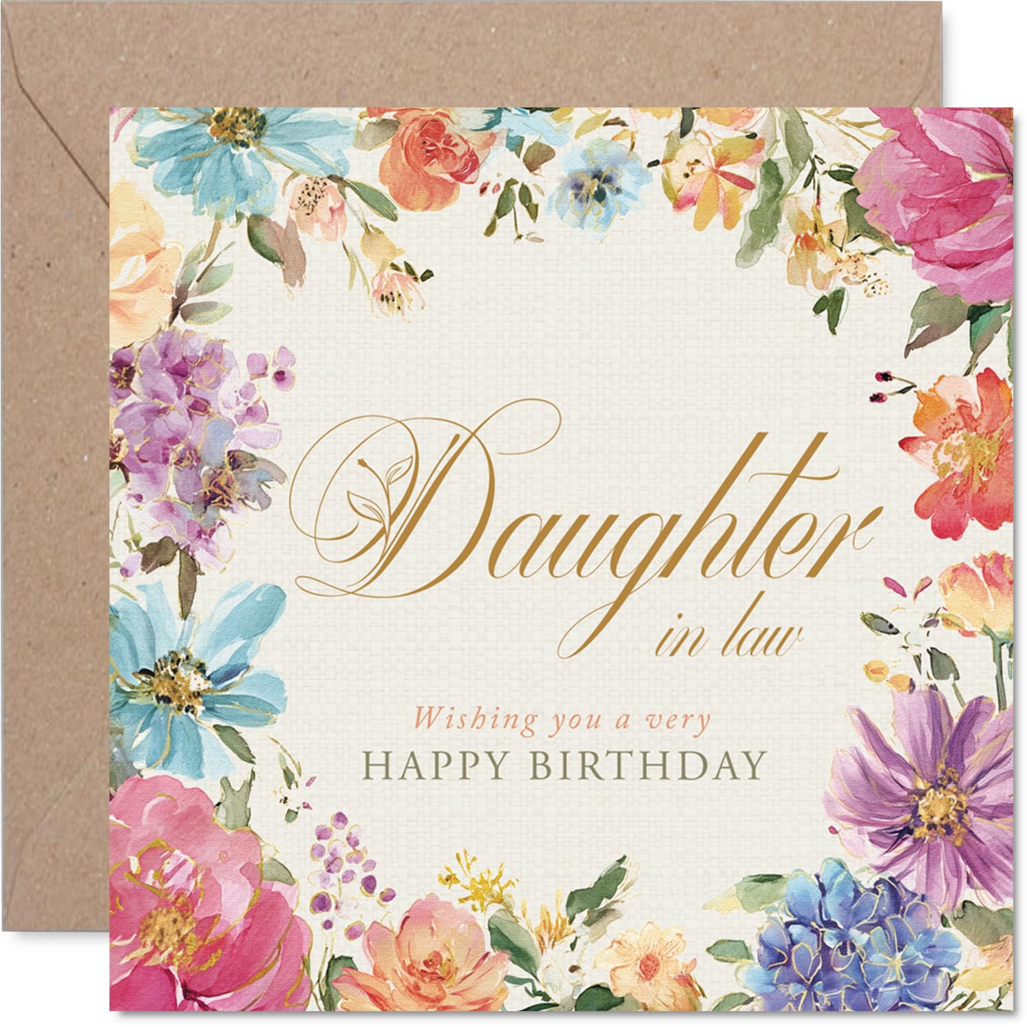 Heartfelt Birthday Card for Daughter in Law - A Touch of Elegance for Her Day - Pastel Floral Watercolour Blooms - Brightens Any Birthday Moment - 145mm Square, Envelope Included
