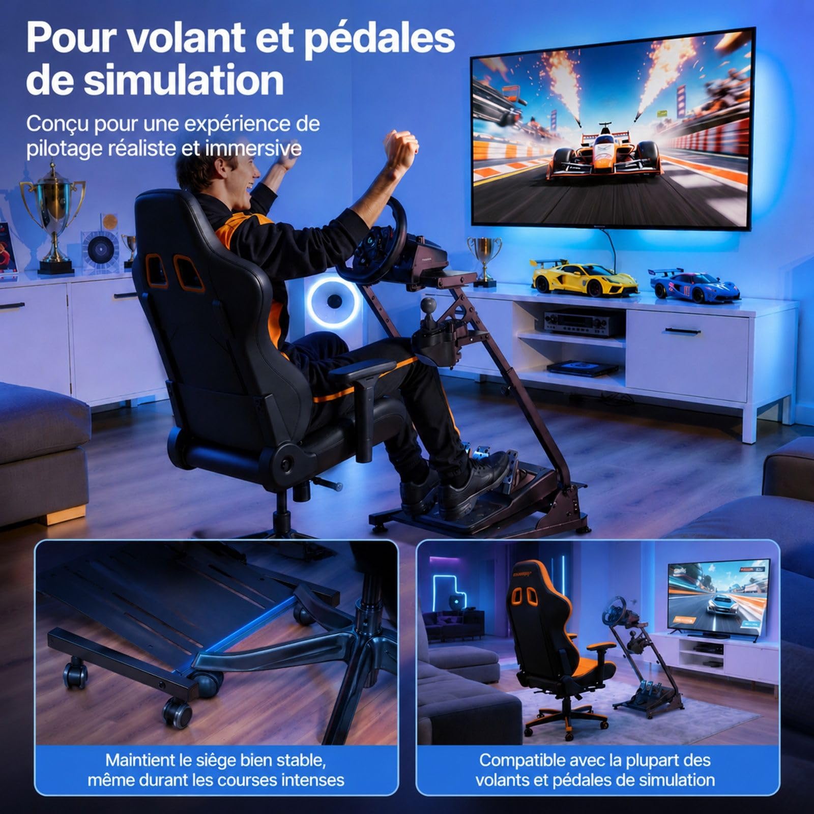 Support de volant de course pliable et réglable avec support pour pédalier, cockpit de simulation de conduite pour jeu de course, pédales non incluses