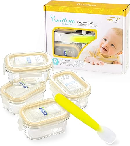 Miniatura 1 de GLASSLOCK Yum Yum - Juego de 9 recipientes de almacenamiento de comida para bebés, herméticos, a prueba de derrames, con cuchara de silicona de 5.1