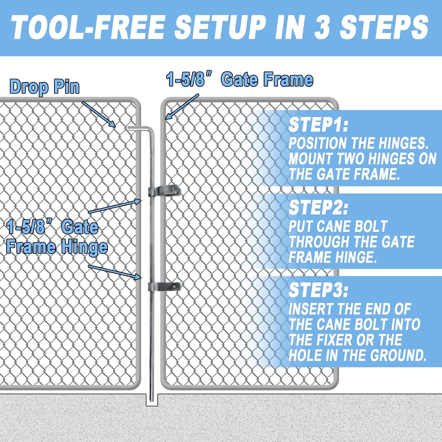 Gate Drop Rod for Chain Link Fence 1-5/8" x 32" [Pack of 2] Chain Link Gate Drop Rod Kit for Single or Double Gate,Galvanized Steel Cane Bolt Ground Latch Fence Drop Pin with Extra 4 Gate Frame Hinges