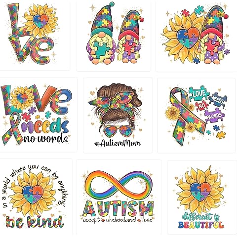 9pcs Autism Iron on Decals Heat Transfer for T-Shirts Vinyl Sticker Patches Washable Thermal Transfer Appliques DIY Craft Decor for Clothes Pillow Cover