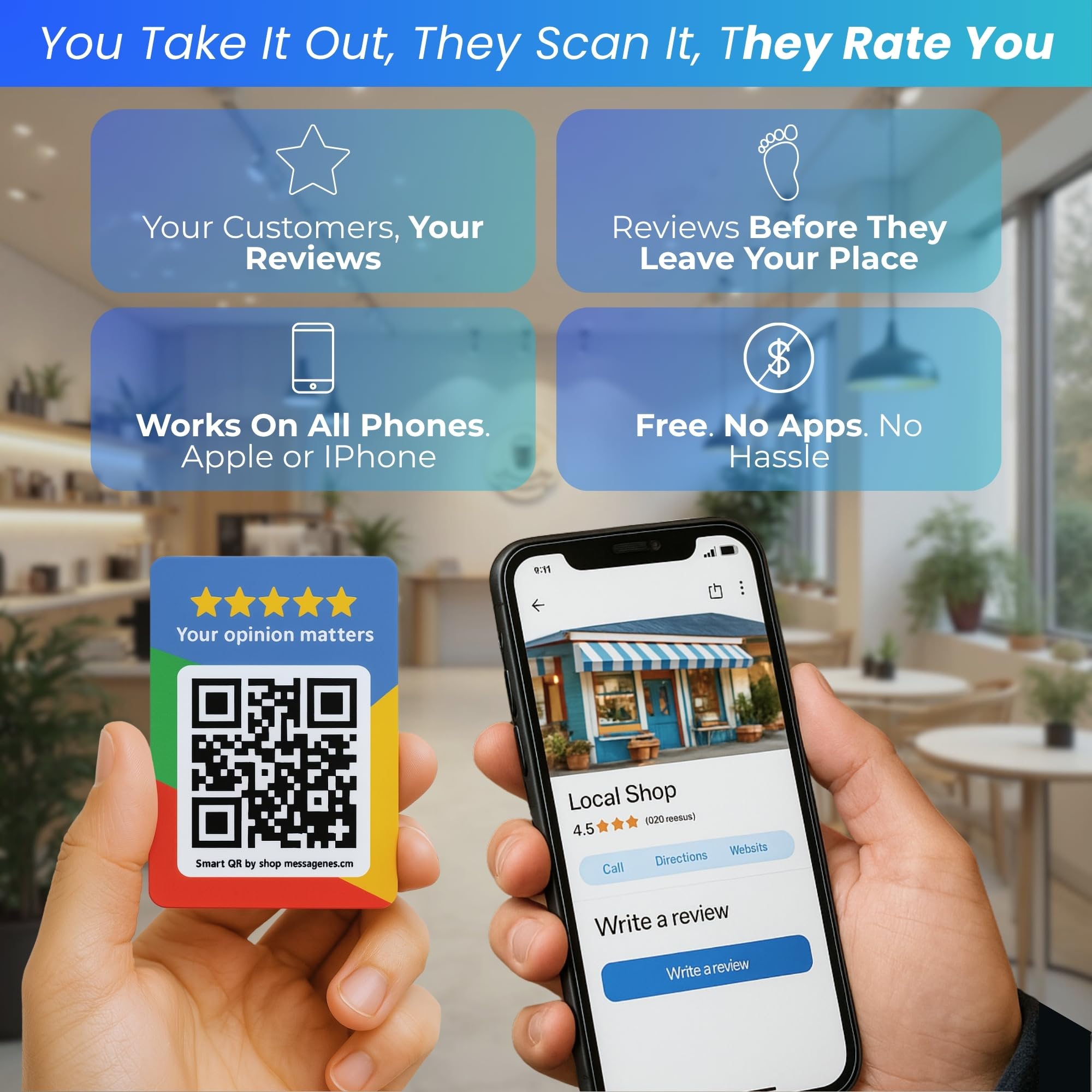 MESSAGENES - Tarjeta con NFC y QR | Tarjeta para Conseguir Reseñas | Compatible con Google Business | Pack 4 Unidades | QR Dinámico Editable | Analíticas de Escaneo | Sirve para iPhone y Android