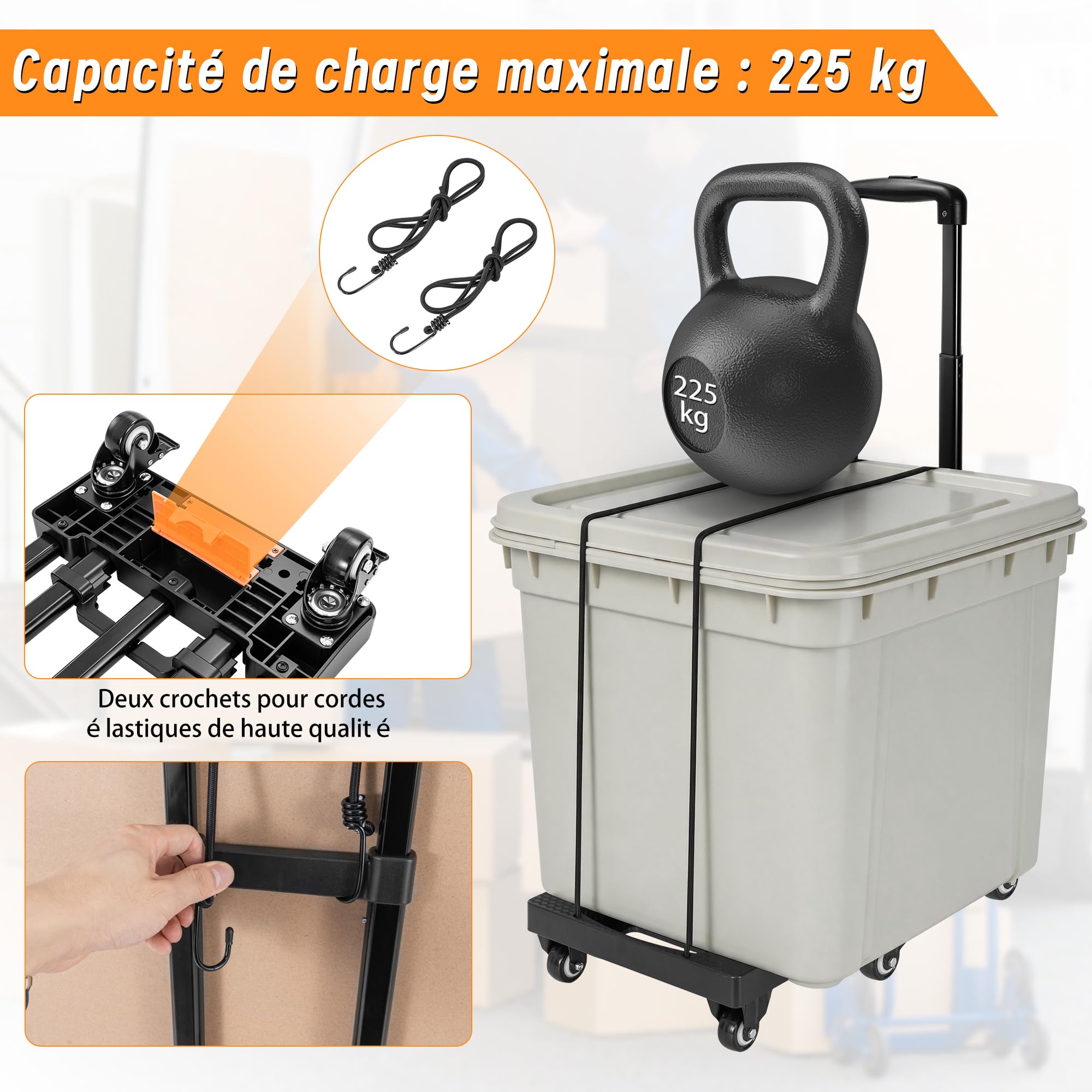 OUUTMEE Diable Pliable - Capacité de Charge Jusqu'à 225 kg | Roulettes Silencieuses, 6 Roues, 2 Cordes élastiques, Chariot à Utilitaire Pour Déménagement/Bureau/Transport intérieur
