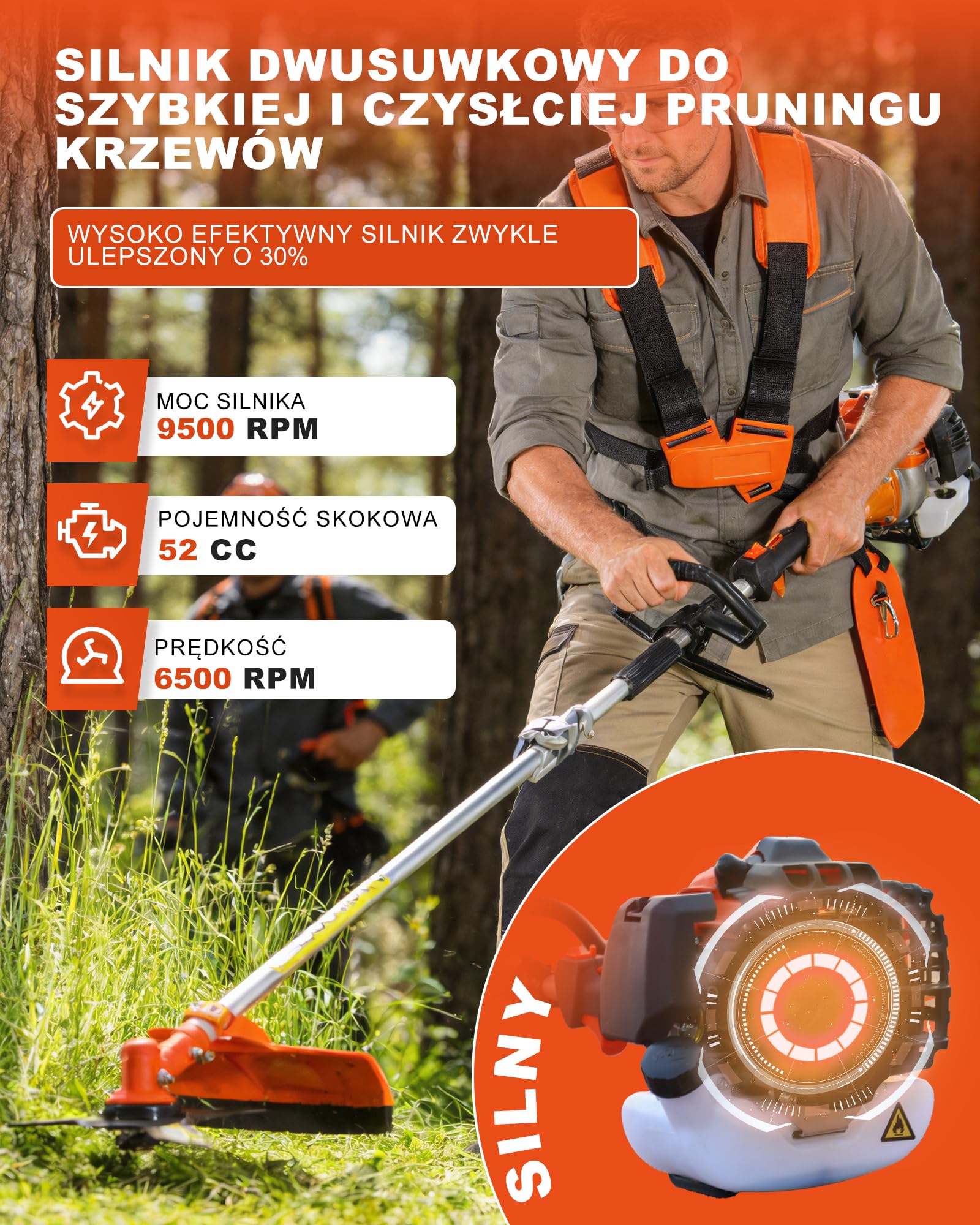 Kosa spalinowa 52 cm³, 2-suwowa, z trymerem benzynowym i podkaszarką, nożyce do żywopłotu, piła łańcuchowa 3 KM, 2-suwowe urządzenie ogrodowe, wydajne i energooszczędne