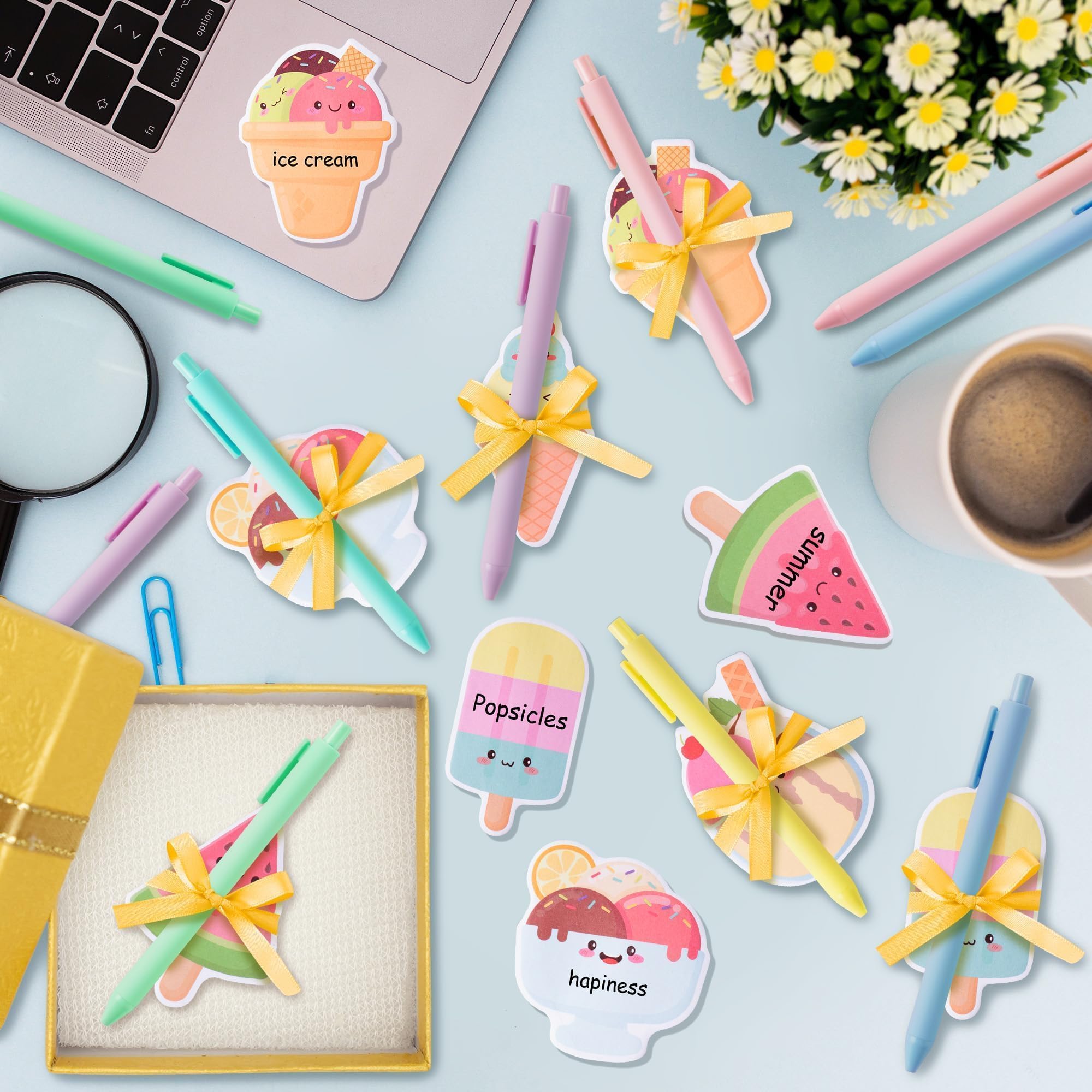 L1rabe Notas adhesivas de helado de verano – Juego de 24 blocs de notas autoadhesivos de postre de verano con bolígrafos, cintas, premios de regreso a clases, juegos de regalo para niños y estudiantes
