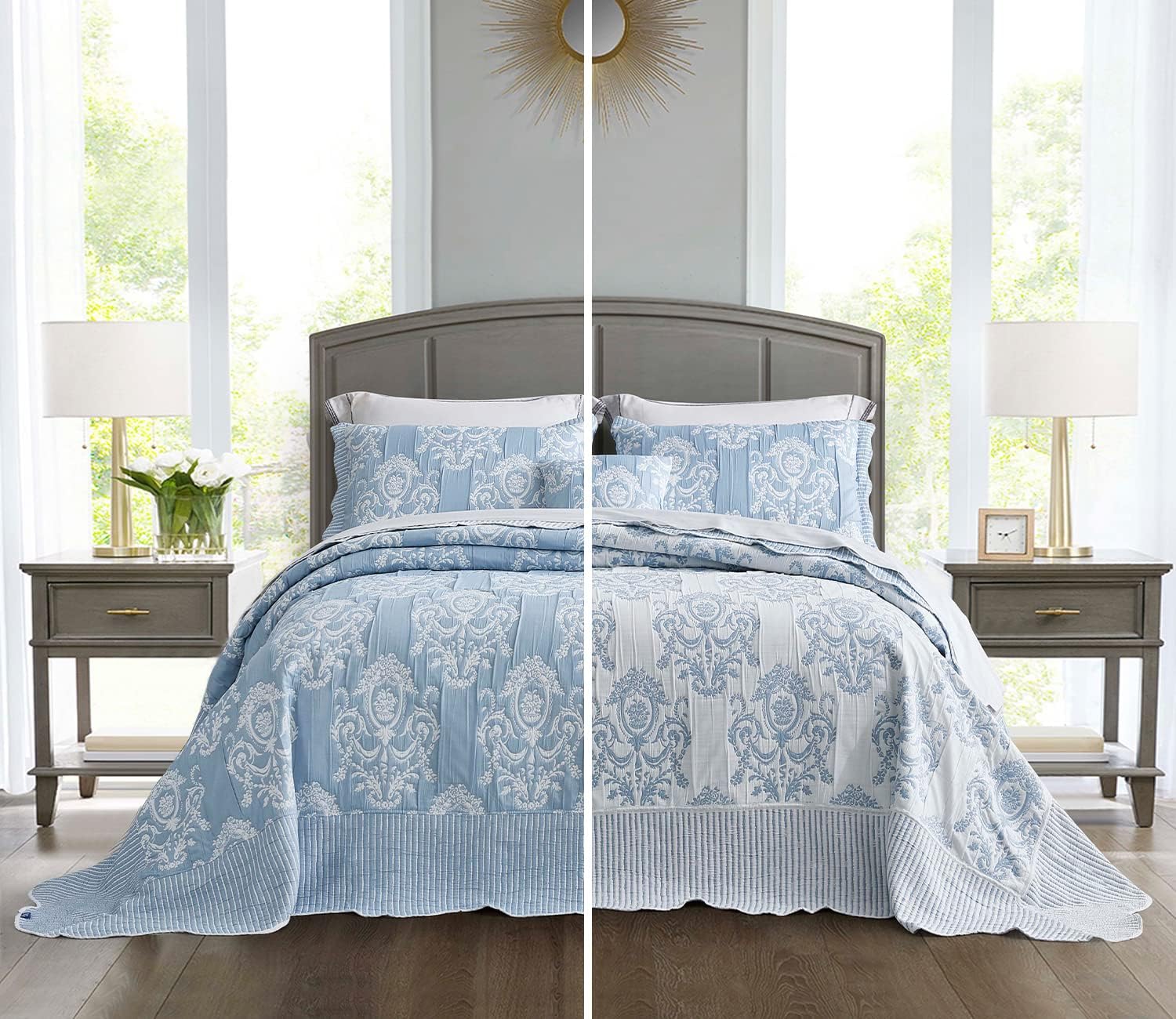 HZ & HY Oversized King Bedspread, Jacquard Matelasse Damask Pattern Design, Lightweight, Reversible, 5 Piece, 100% Microfiber, Wathet Blue