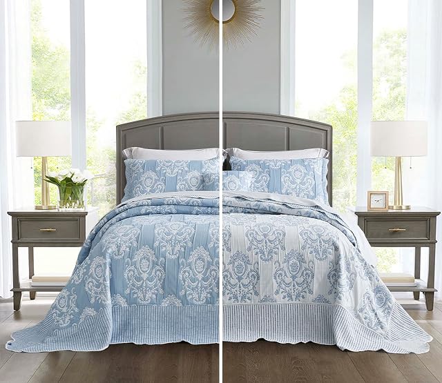 HZ & HY Oversized King Bedspread 128x120 Extra Wide, Jacquard Matelasse Damask Pattern Design, Lightweight, Reversible, 5 Piece, 100% Microfiber, King/Cal King, Wathet Blue
