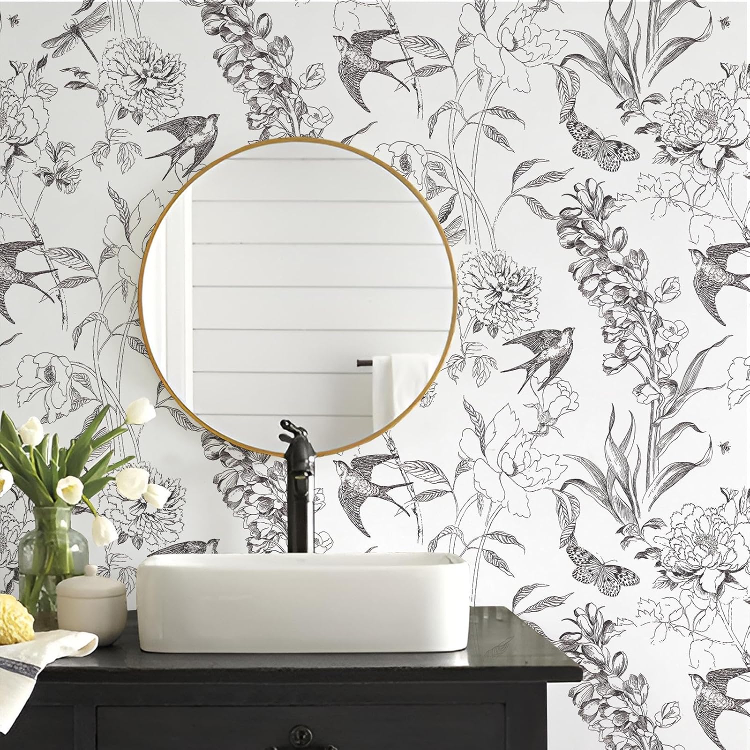 Vintage Floral Peel and Stick Wallpaper Black and Cream White Boho Contact Paper Flowers Self Adhesive Removable Wallpaper for Bathroom Waterproof Birds Leaf Contact Paper for Cabinets 393inL17.3inW