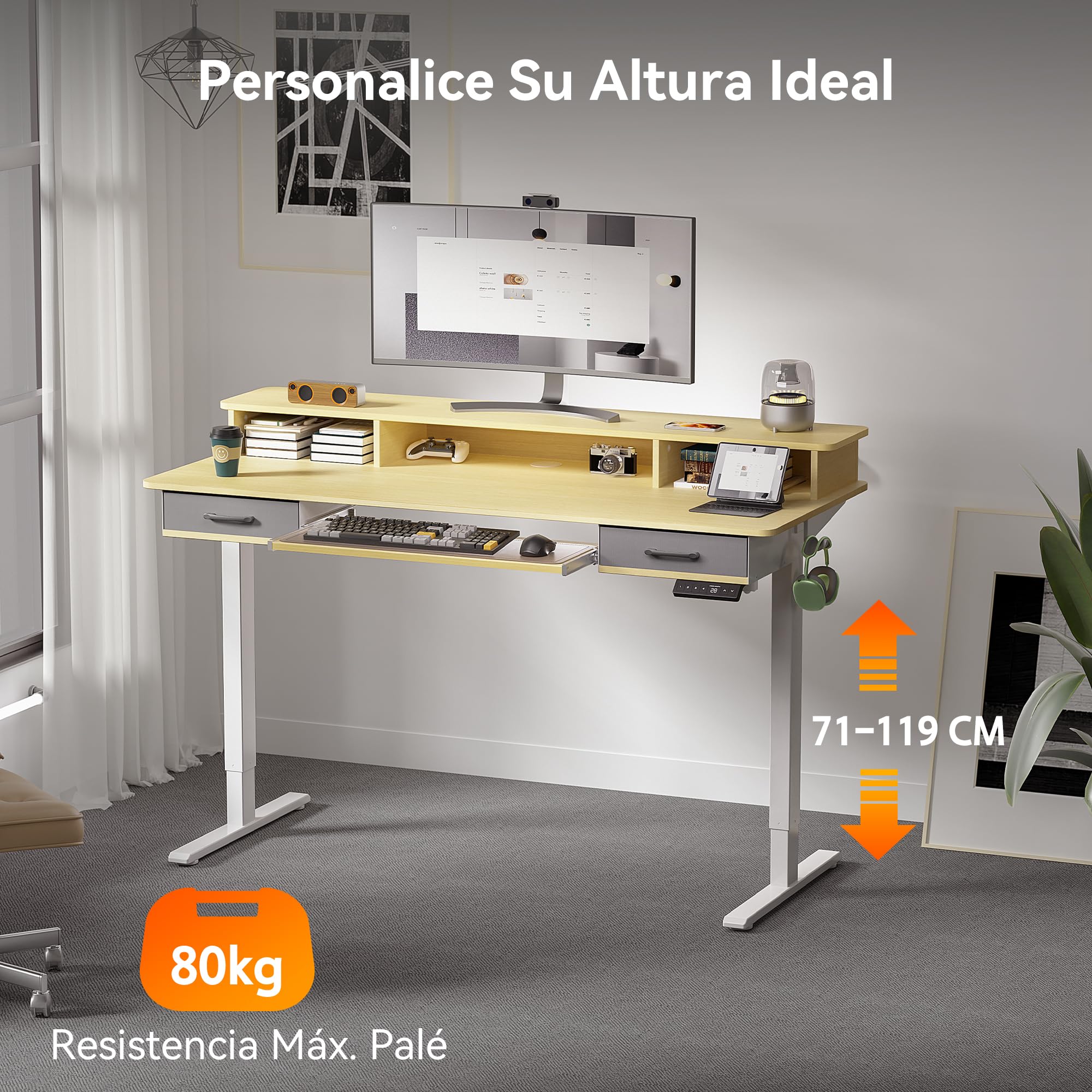 WALKINGDESK Escritorio Elevable Eléctrico con Bandeja para Teclado, 160 x 60 cm Escritorio Regulable en Altura, Mesa Elevable con Soporte Monitor, Mesa Ergonómico de Bipedestación, Roble