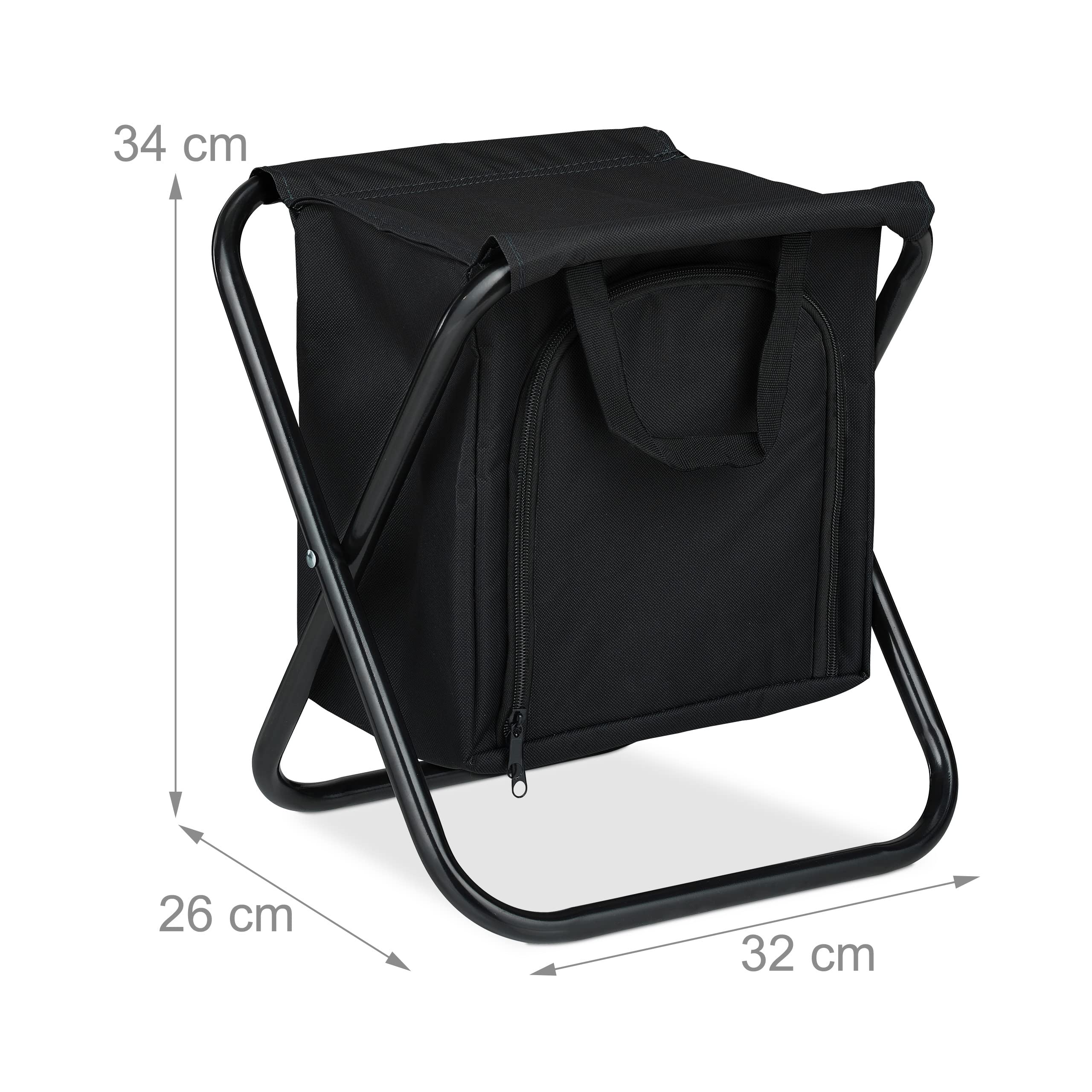 Relaxdays Taboret kempingowy z torbą chłodzącą, składany i przenośny, 100 kg, stołek składany do podróży, wys. x szer. x gł.: 34 x 32 x 26 cm, czarny