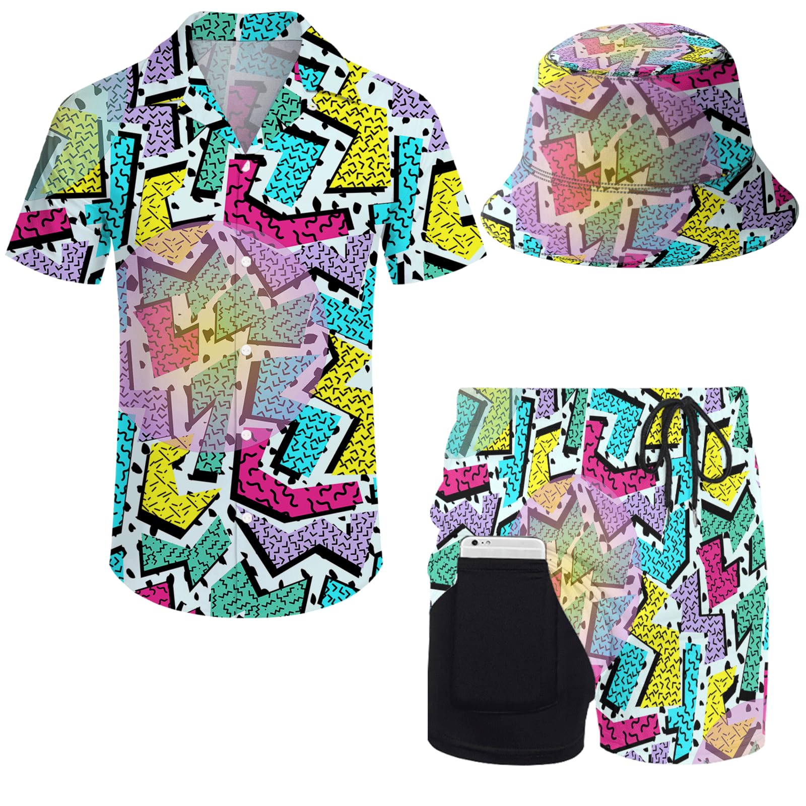 GIRPOL 2 Piece Outfits Hawaiian Shirt and Shorts with Hat, Retro 80s 90s Graphics, S — image 1