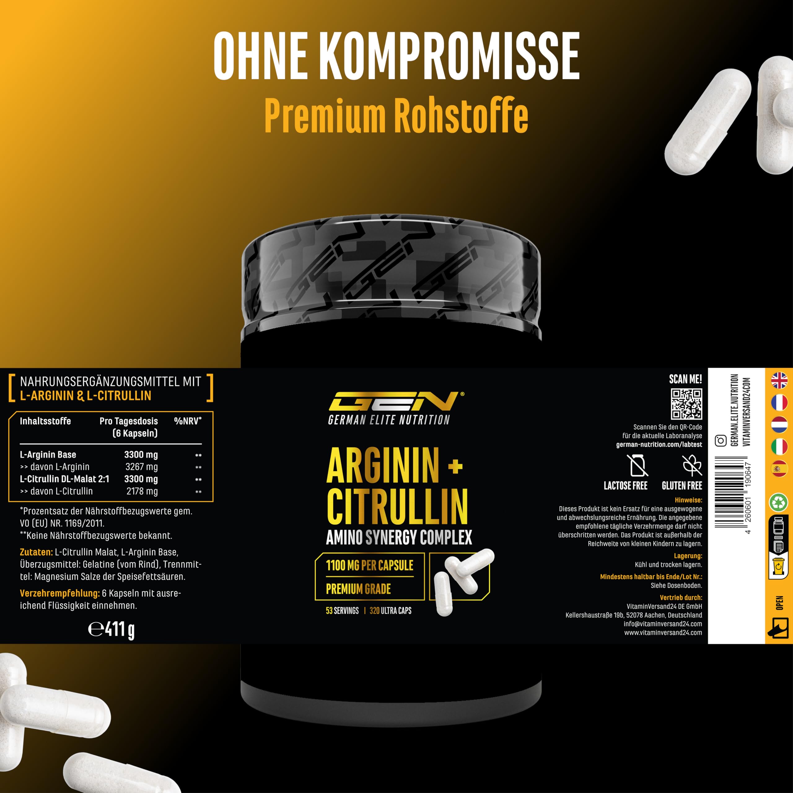 L Arginin + L Citrullin - 320 Kapseln - 1100 mg pro Kapsel - Extra hochdosierte Ultra Caps mit Arginin Base und Citrullin im Verhältnis 1 zu 1 - Hochwertige Aminosäuren Kombination | 1100 mg je Kapsel, extra hochdosierte Ultra Caps, Arginin Base, Citrulli