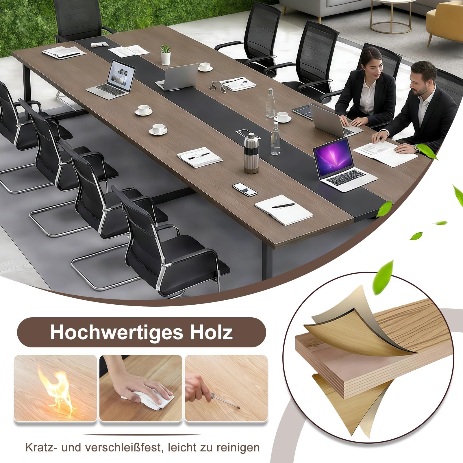 Großer Konferenztisch Büro, Moderner Modularer Besprechungstisch mit Kabelmanagement & Stabilem Metallrahmen, Rechteckiger Konferenztisch, Meetingtisch für Meetingraum und Seminarraum (Ohne Stühle)