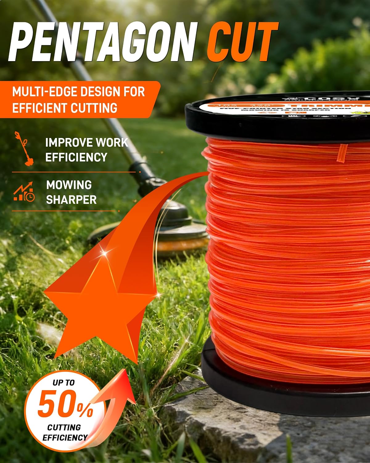 String Trimmer Line 0.080-Inch 5LB Weed Wacker String Commercial Grade Orange Pentagon Weed Eater String for Most String Trimmer,Multi-Head String Trimmer Attachment