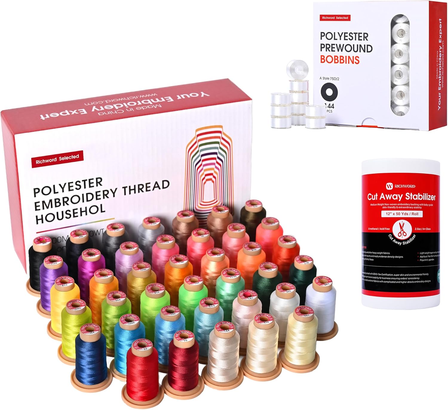 Richword Selected 800M 40 Colors Embroidery Thread+Prewound Bobbins 144pcs (Class 15) Size A+Cut Away Machine Embroidery Stabilizer Backing 12" x 50 Yard roll