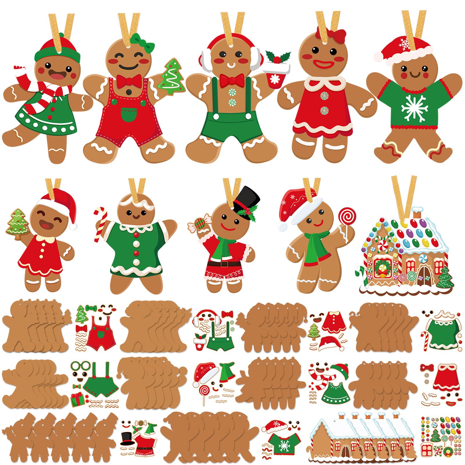Dianelhall 50 Pcs Christmas Gingerbread Craft Kit for Kids DIY Christmas Ornaments Craft Kit Fun Make Your Own Christmas Gingerbread Man and House Sticker Craft Project for Xmas Tree Home Decoration