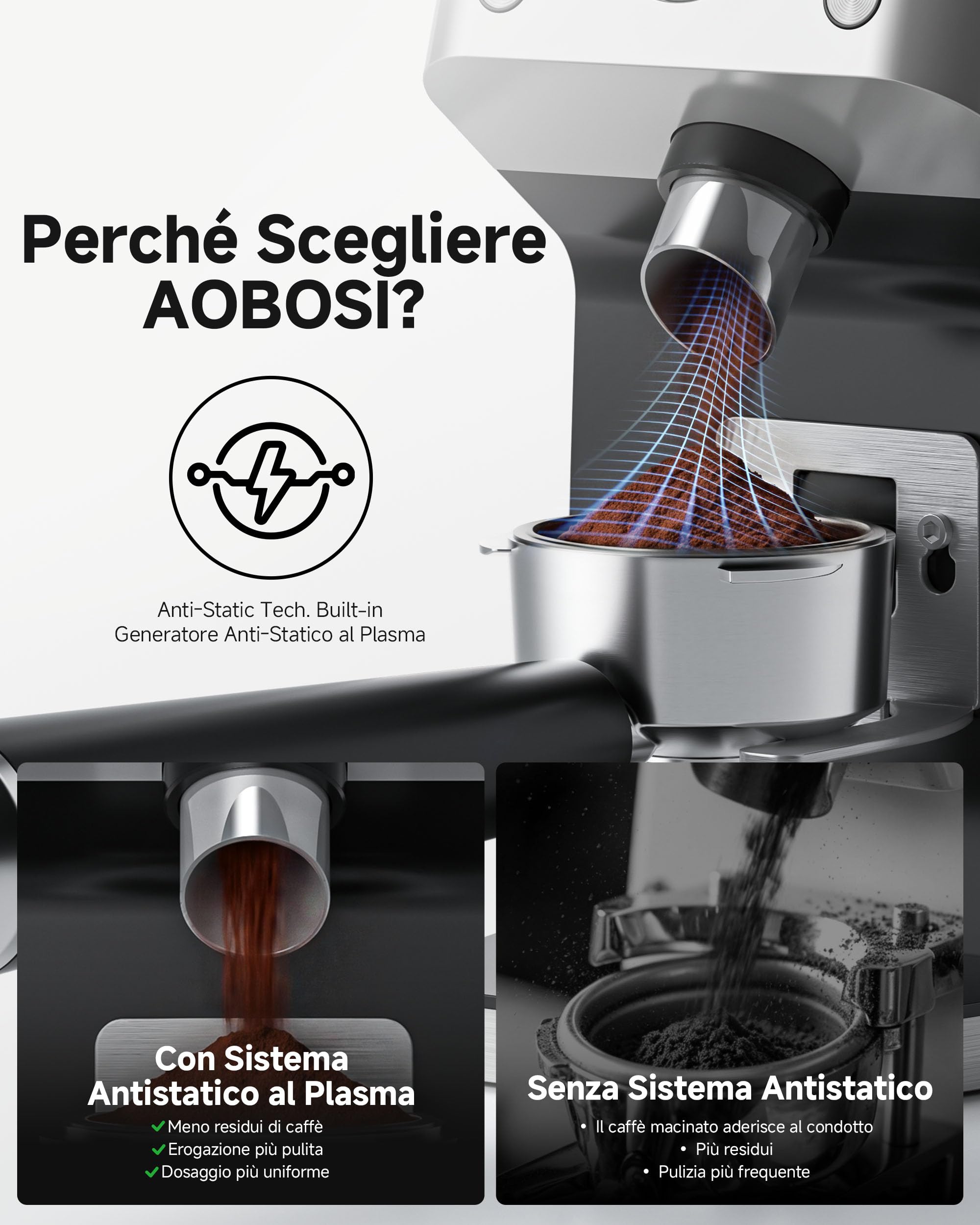 AAOBOSI Macinacaffè Elettrico, 45 Livelli, Macine Coniche in Acciaio | Sistema antistatico al plasma, memoria, timer programmabile, contenitore chicchi 300 g, per espresso e caffè filtro