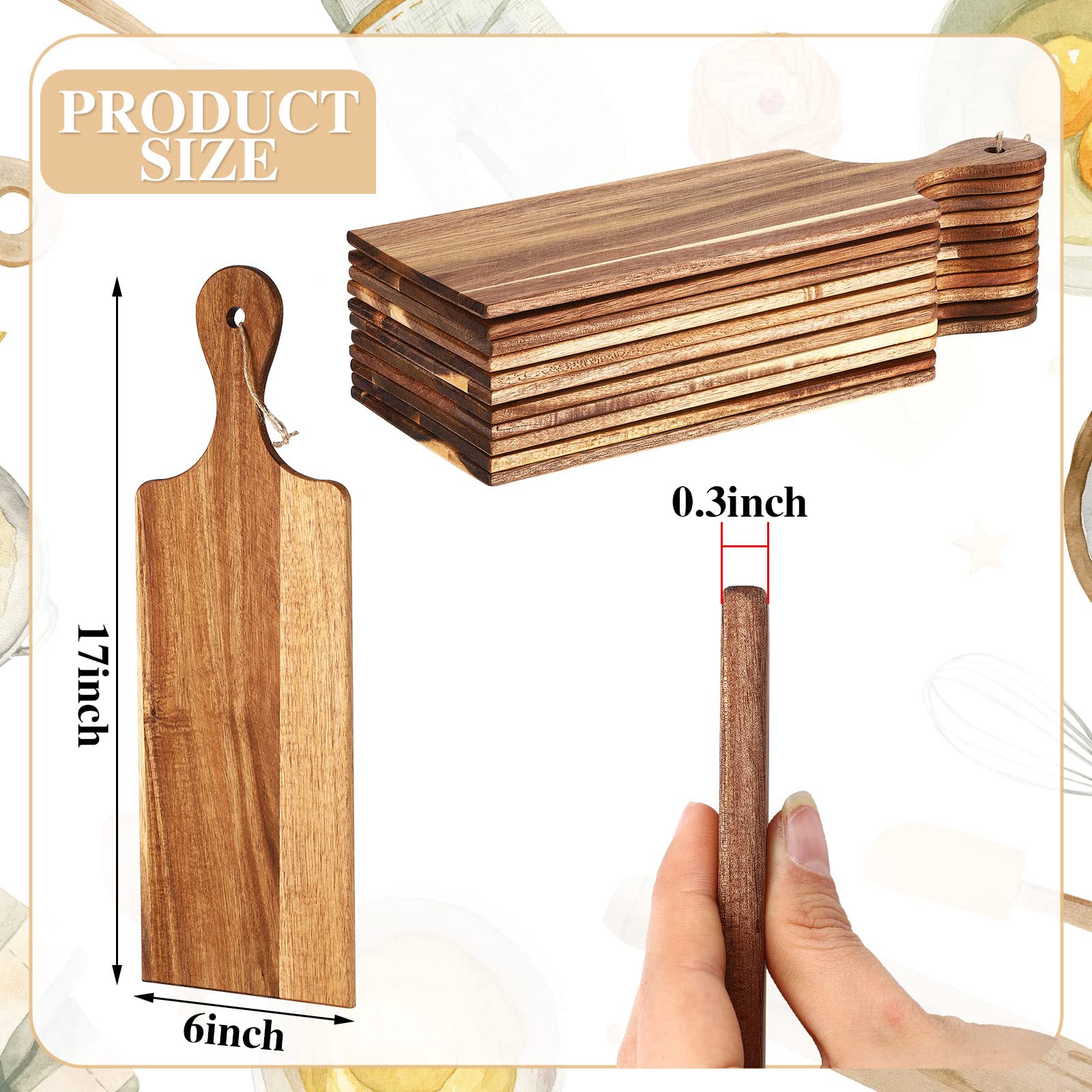 Juego de 12 tablas de cortar lisas con asas, tabla de servir grande, tabla de cortar de madera a granel para verduras, carne, pizza, queso, pan de frutas (17 x 6 pulgadas, madera de acacia)