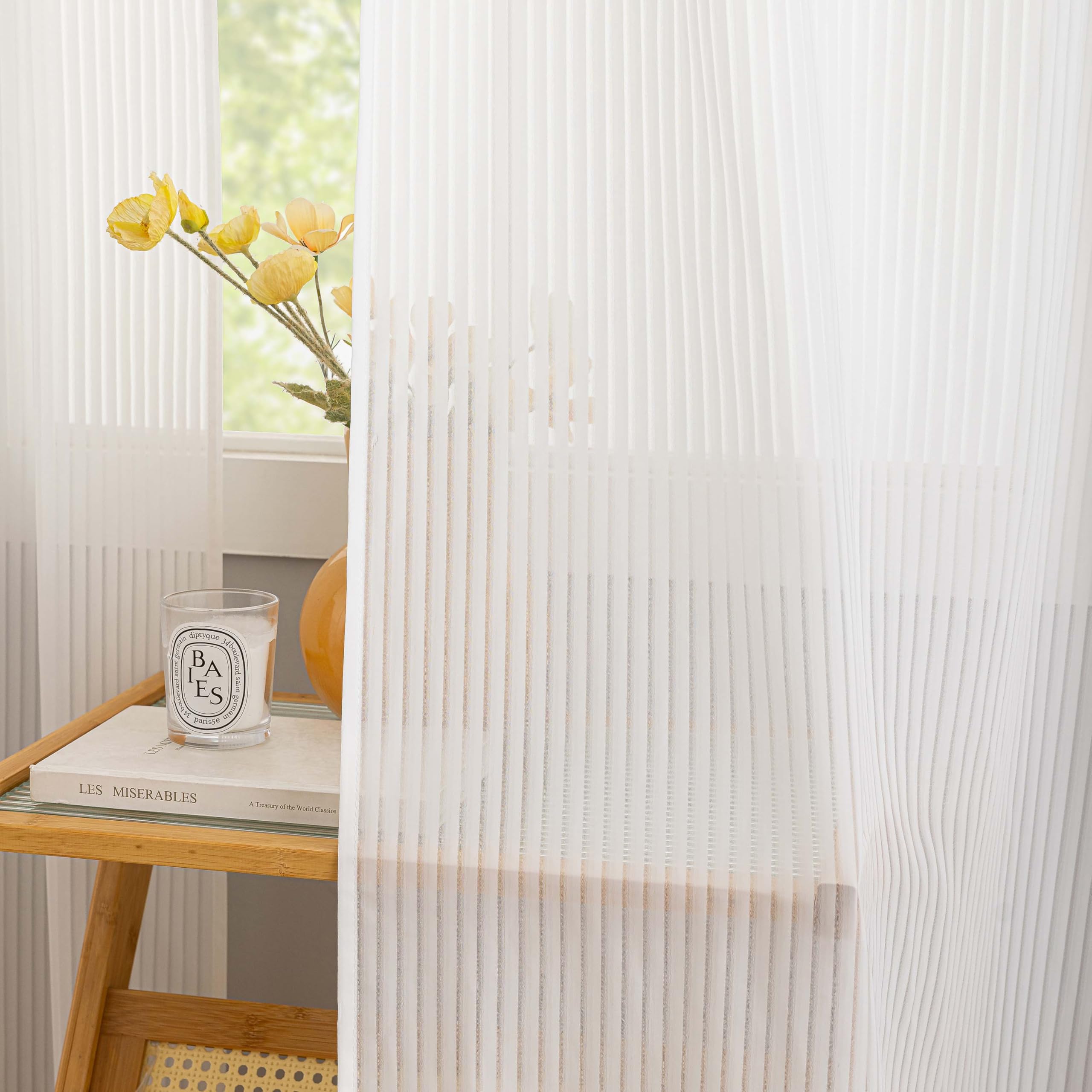 Home Brilliant Stripe Net Window Treatment 84 Inch Drop Set of 2 for Bedroom Net Curtains White Sheer Curtains Drapes for Party 84 inches Drop - Image 2