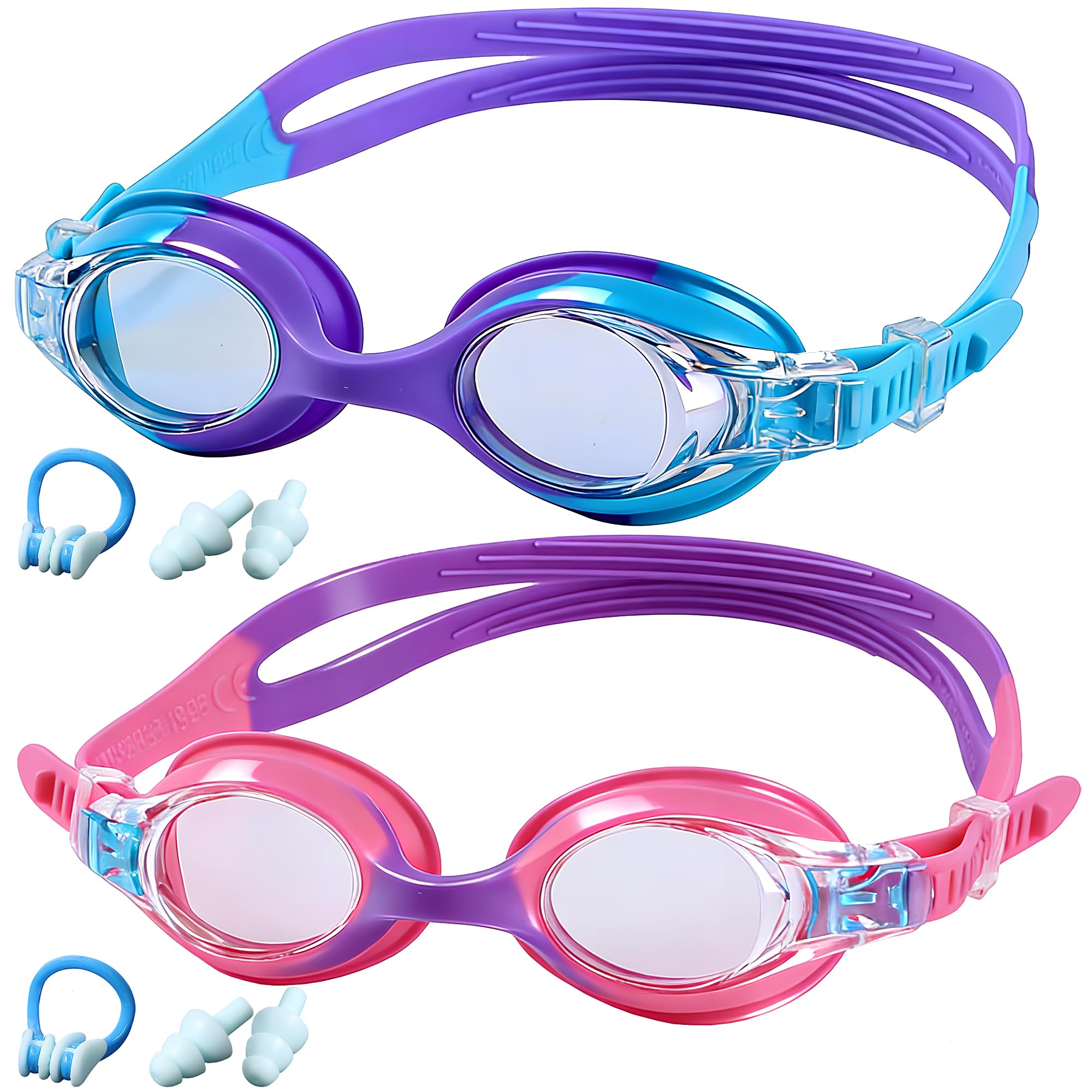 MOSNOW 2 Pack Kids Swimming Goggles with Anti-Fog & Leakproof Design, Nose Clip & Ear Plugs, Carry Case for Swim Training and Snorkeling, Boys Girls Goggles for 3-14 Years Old