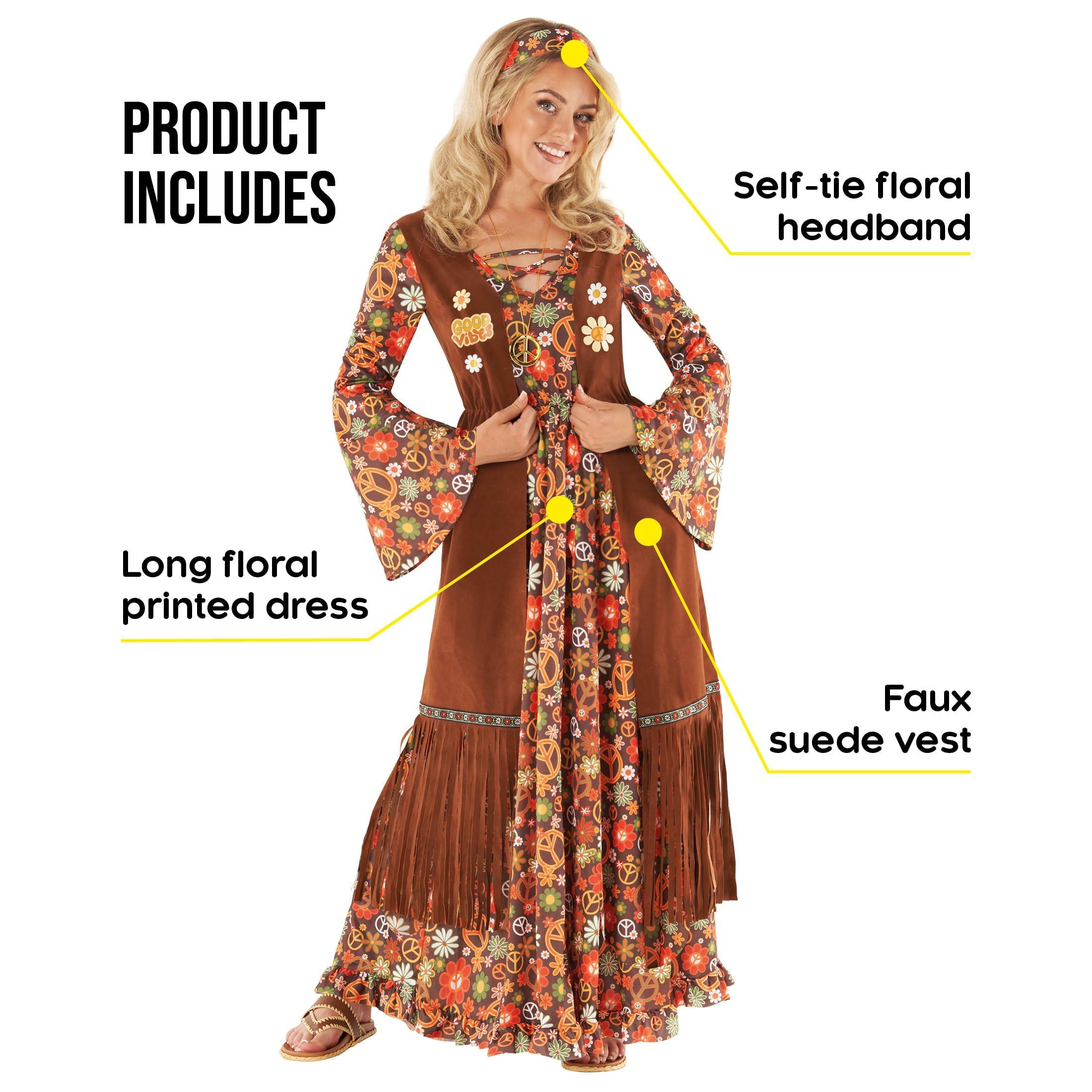 Morph Hippie Kostüm Damen, 70er Jahre Outfit Damen, 70er Jahre Bekleidung, Hippie Kleid, Schlagermove Outfit Frauen, Karneval Kostum Frauen, Fasching