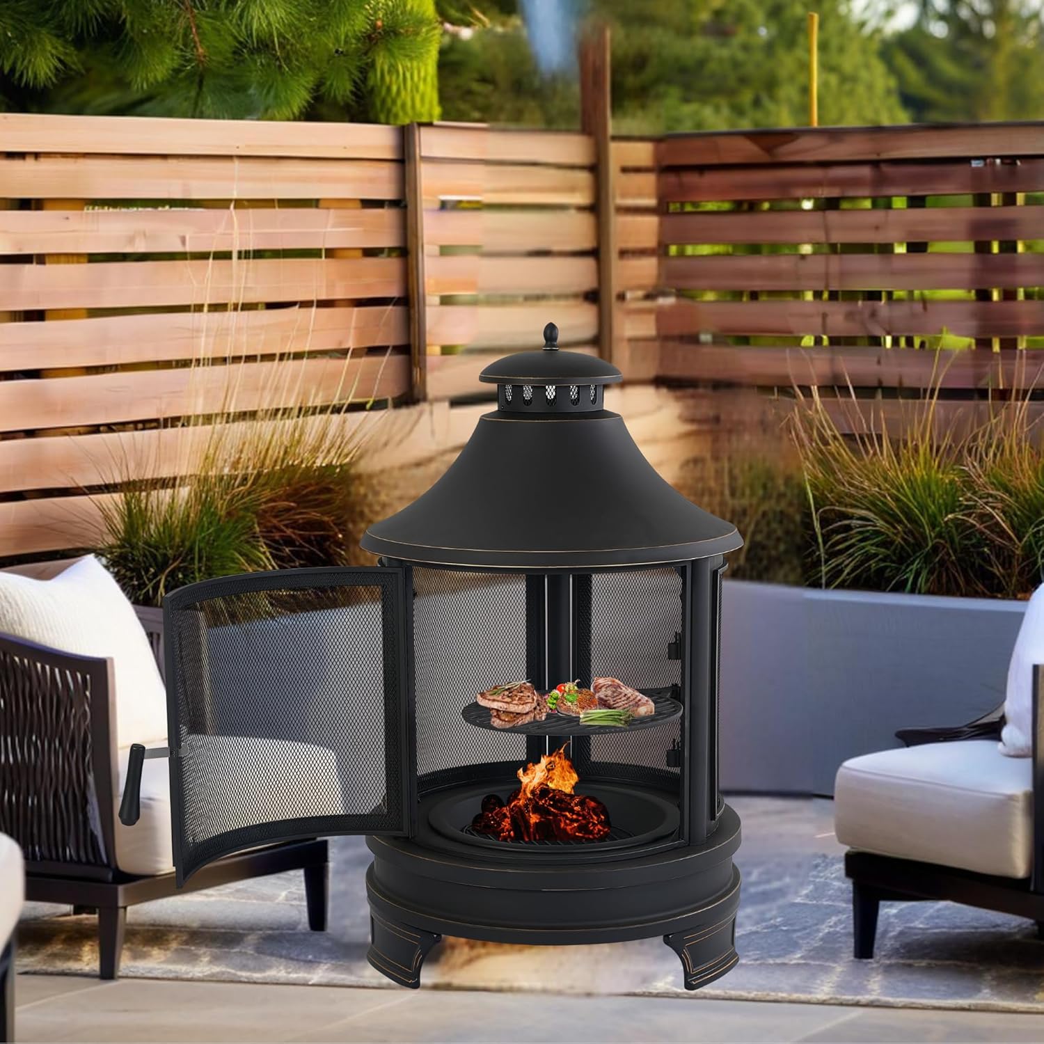 Outdoor Fire Pit with Grill, Wood Burning Fire Pits for Outside with Lid & Fire Poker, Garden Metal Outdoor Heating Furnace for Backyard 2 in 1 Tall Fire Pit for Patio, Picnic, Party (XOT035圆形)