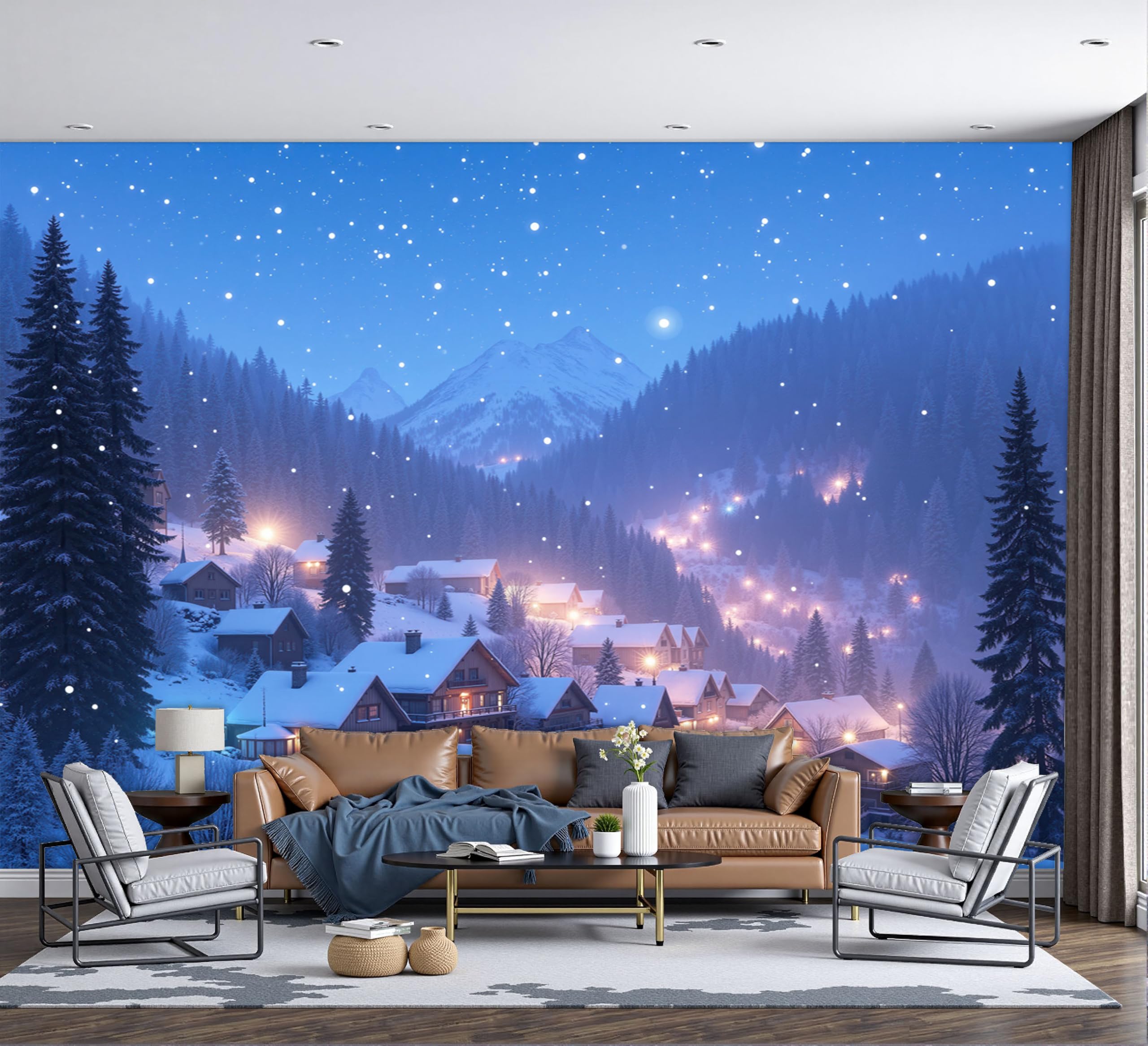 Papier peint panoramique bleu 450x315cm de village enneigé pour grand mur de salon