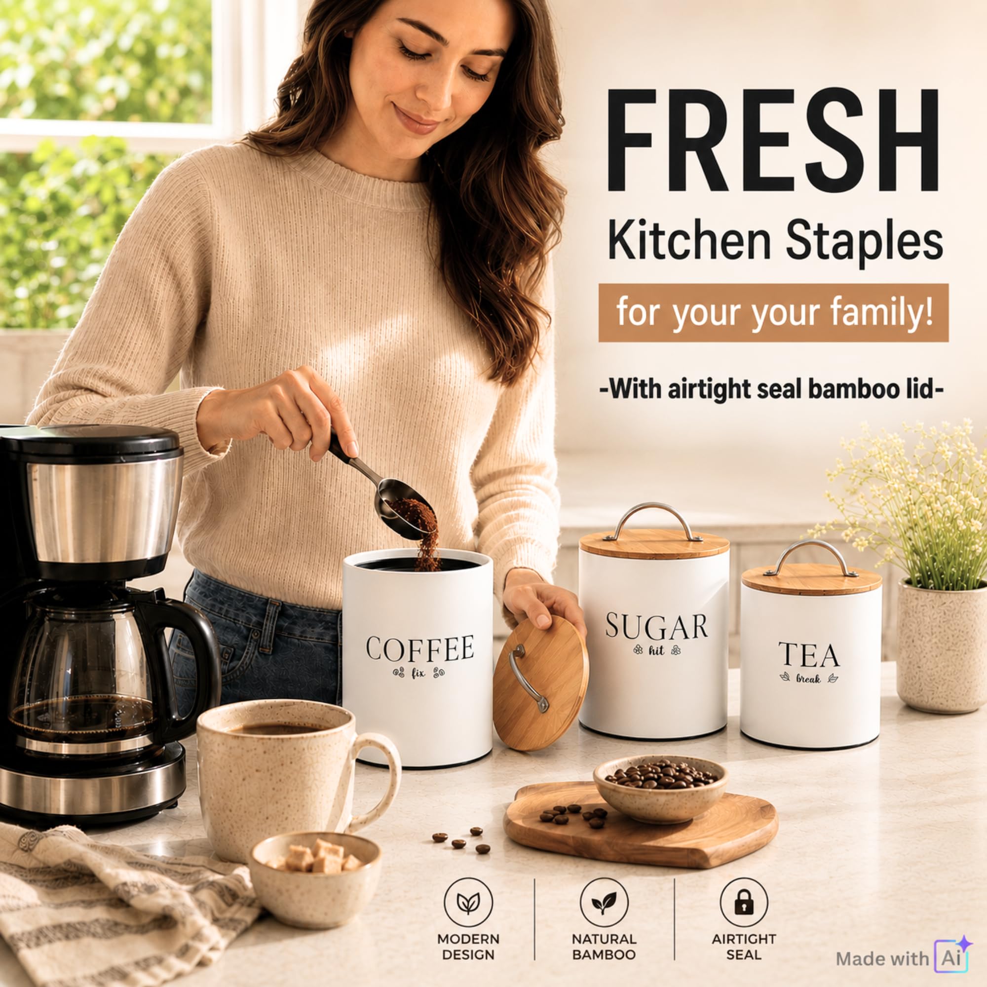 Set di 3 barattoli per tè, caffè e zucchero, per bancone della cucina, chiusura ermetica | Bianco sporco. Coperchio in bambù. Vernice a polvere metallica. Per uso alimentare. Ottima idea regalo