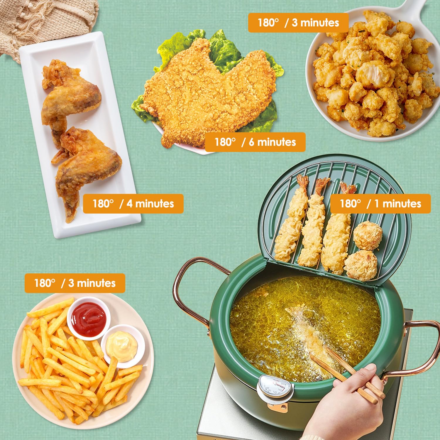 Pentola per Friggere in Acciaio Inossidabile, Friggitrice per Tempura con Termometro, Coperchio e Scolagocce per Olio, Padella non Rivestita in Stile Giapponese per Patatine Fritte, Pesce, Gamberi