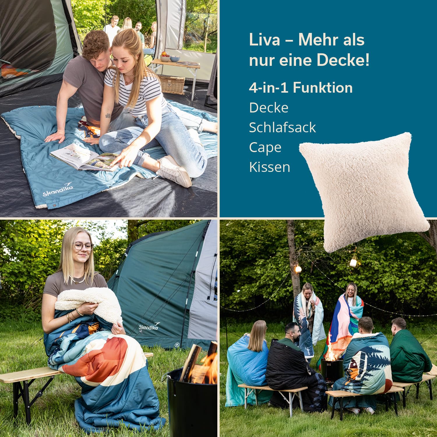 Skandika Liva Sherpa Bus Campingdeken, 4-in-1 outdoor deken, 200 x 135 cm, slaapzak, kussen, met teddybont onderkant, polyester vulling, waterdicht, campingdekbed, accessoires