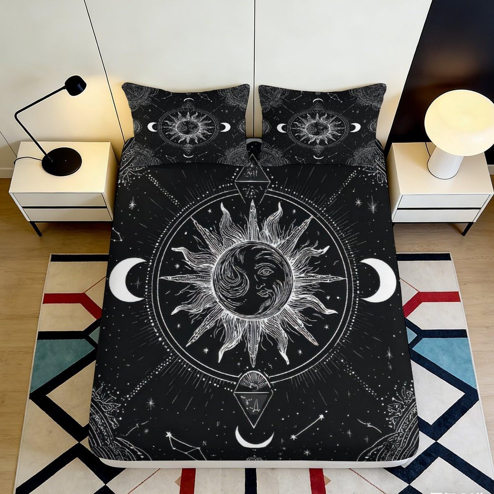3D Printed Mystic Sun Moon Fitted Sheet Microfiber Black Celestial Star Mattress Cover for Bedroom Dorm Decor 90x200x25cm