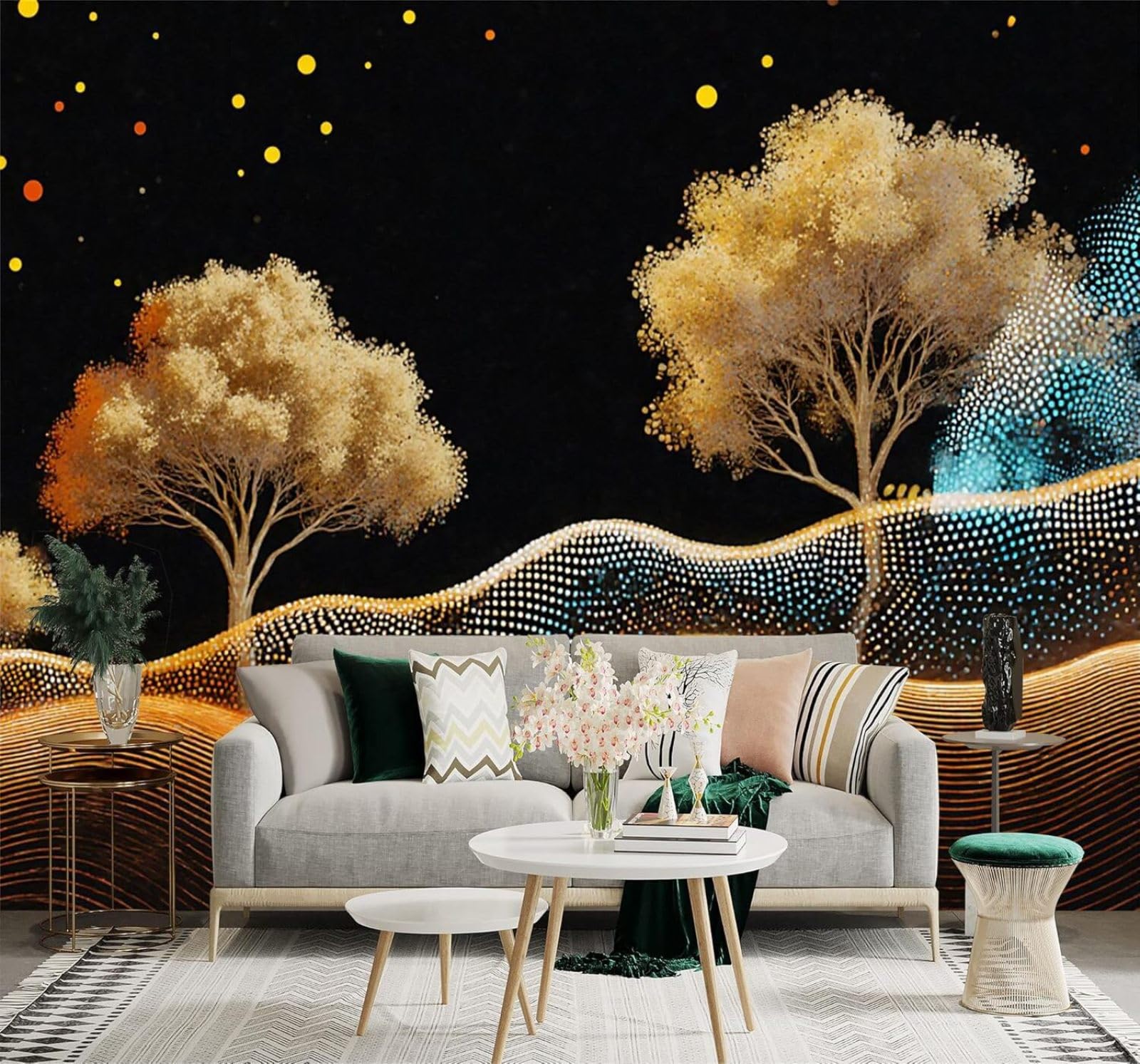 XLMING Golden Trees Abstract Hills Starry Sky Landscape 3D Wallpaper Silky Texture Home Study Office Grey Dining Room Sofa Bedroom Living Room TV Backdrop-250cm×170cm