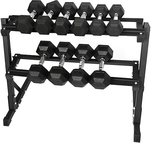 Miniatura 10 de Signature Fitness Juego de mancuernas hexagonales con revestimiento de goma prémium y estante de almacenamiento, varios paquetes
