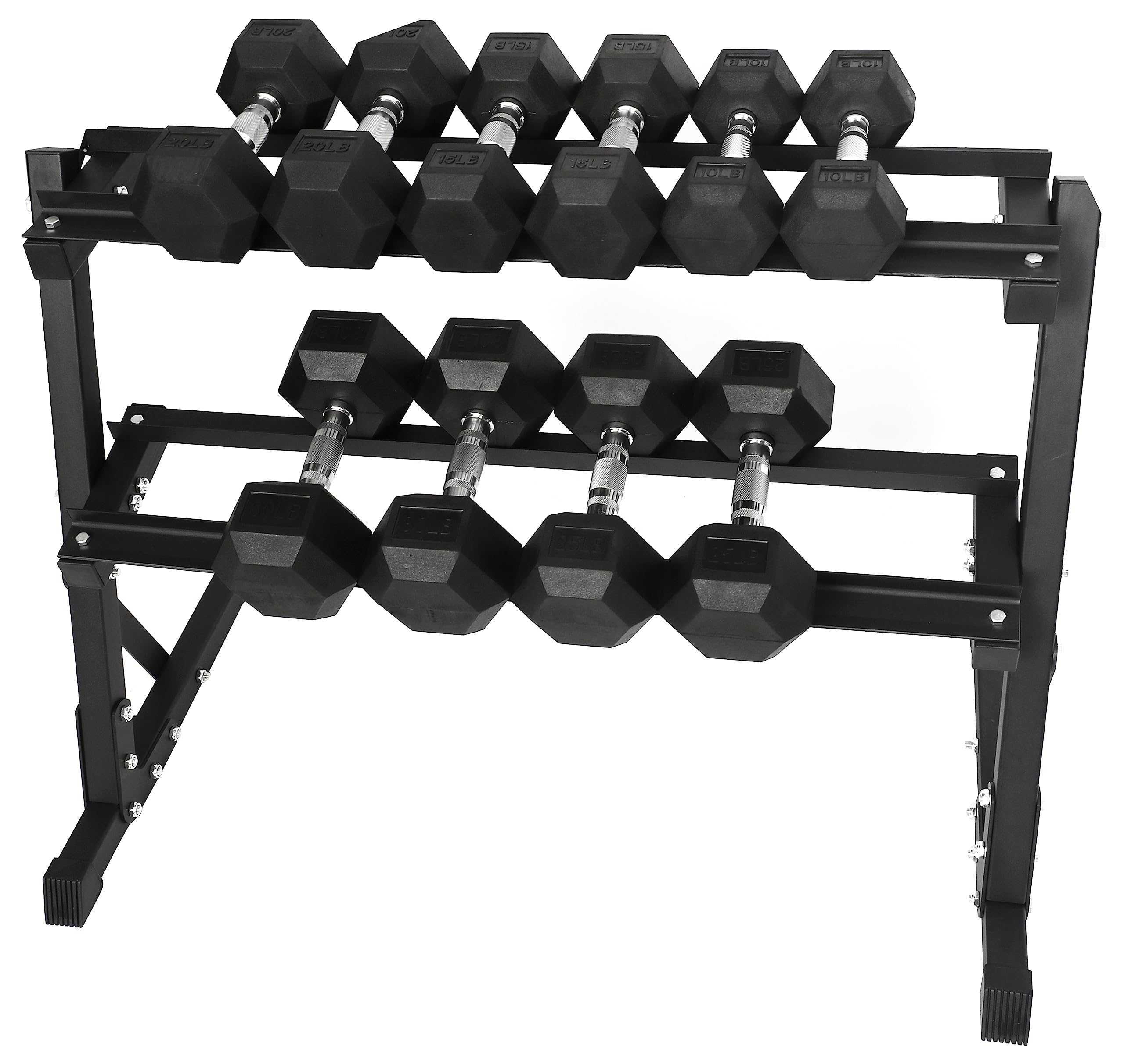 Signature Fitness 200LB Rubber Coated Hex Dumbbell Weight Set and Storage Rack 10-30 lbs Pairs