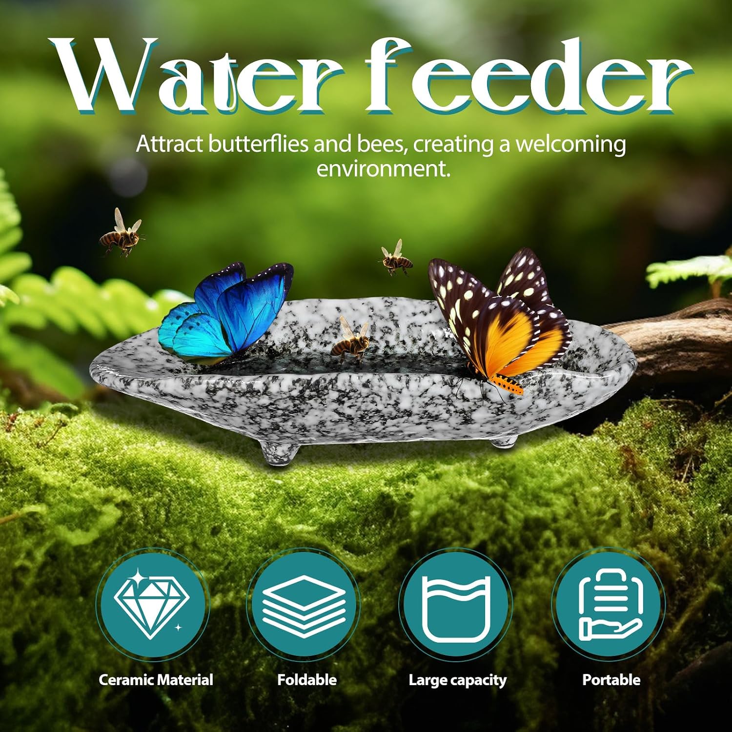 Ceramic Bee Watering Station, Drowning-Safe Butterfly Puddler 8.25" image 4