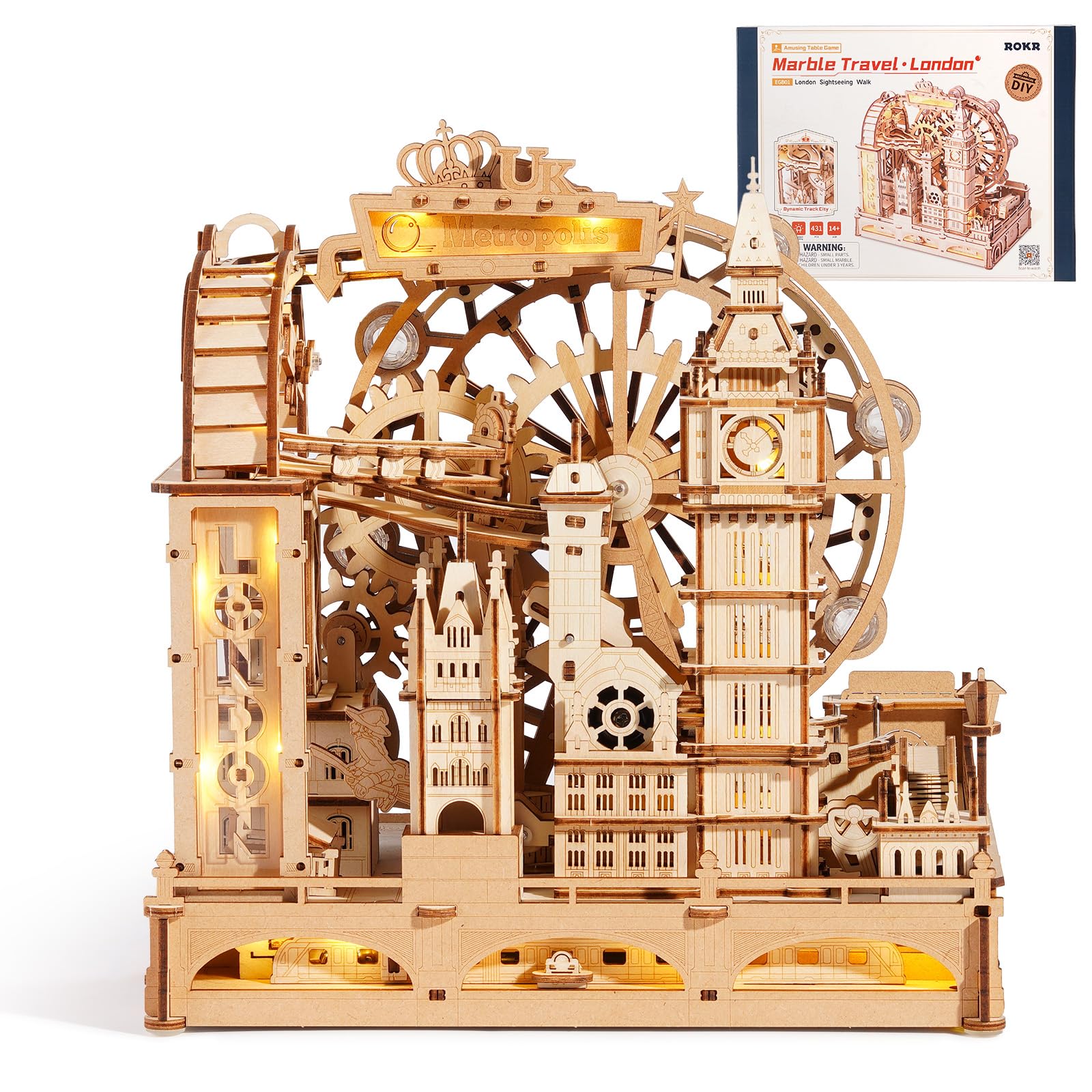 ROKR Marble Travel London EGB01 3D drewniane puzzle dla dorosłych zestaw modelu z kulkami z diodami LED London Eye Big Ben Tower Bridge zestawy rzemieślnicze dekoracja domu i biurka prezenty-puzzle