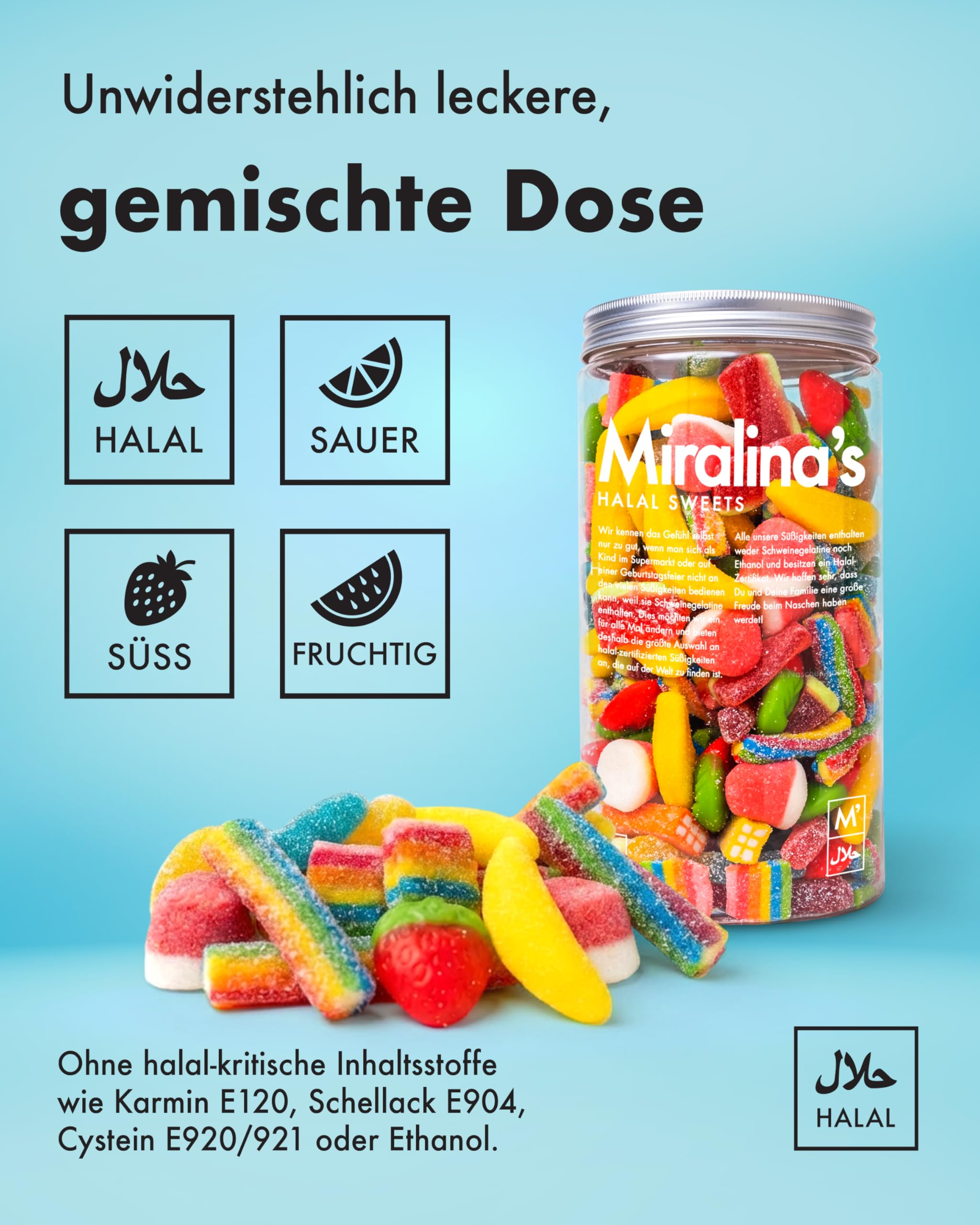 Miralina - Halal Süßigkeiten Box – Bunte Dose (1kg) - Fruchtgummi Mix - mit Halal Zertifikat - ohne Schweinegelatine - 1kg Großpackung - Gummibärchen