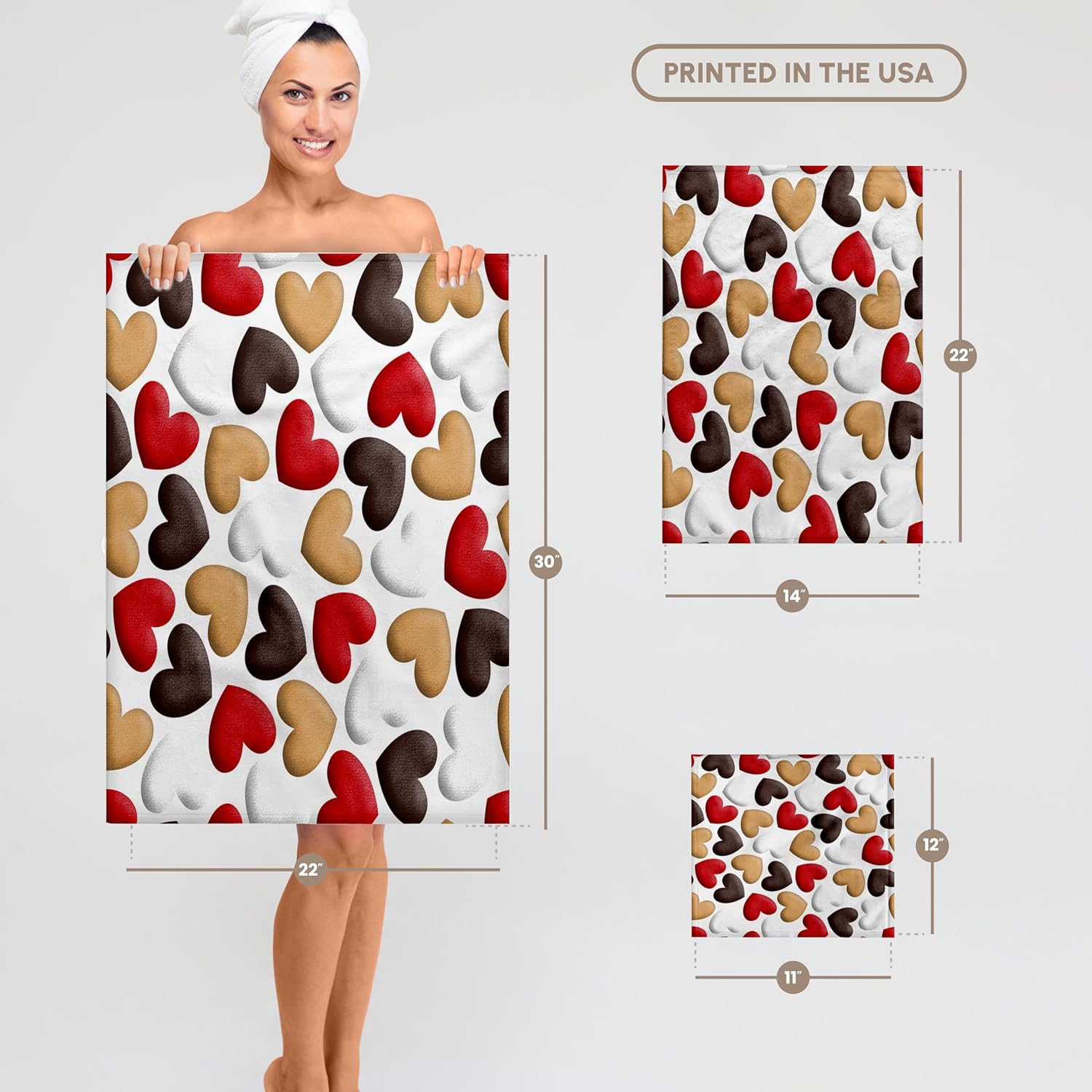 3dRose Cute Red, Brown, White, Beige Toss Hearts Pattern 22x30 Bath Hand Pool Towel