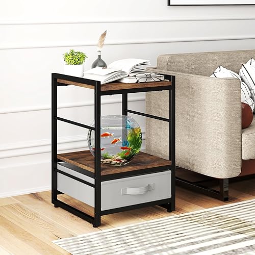 Miniatura 7 de Giantex Juego de 2 mesitas de noche industriales, mesita de noche rústica con cajón de almacenamiento y estante abierto, mesa auxiliar pequeña de 16