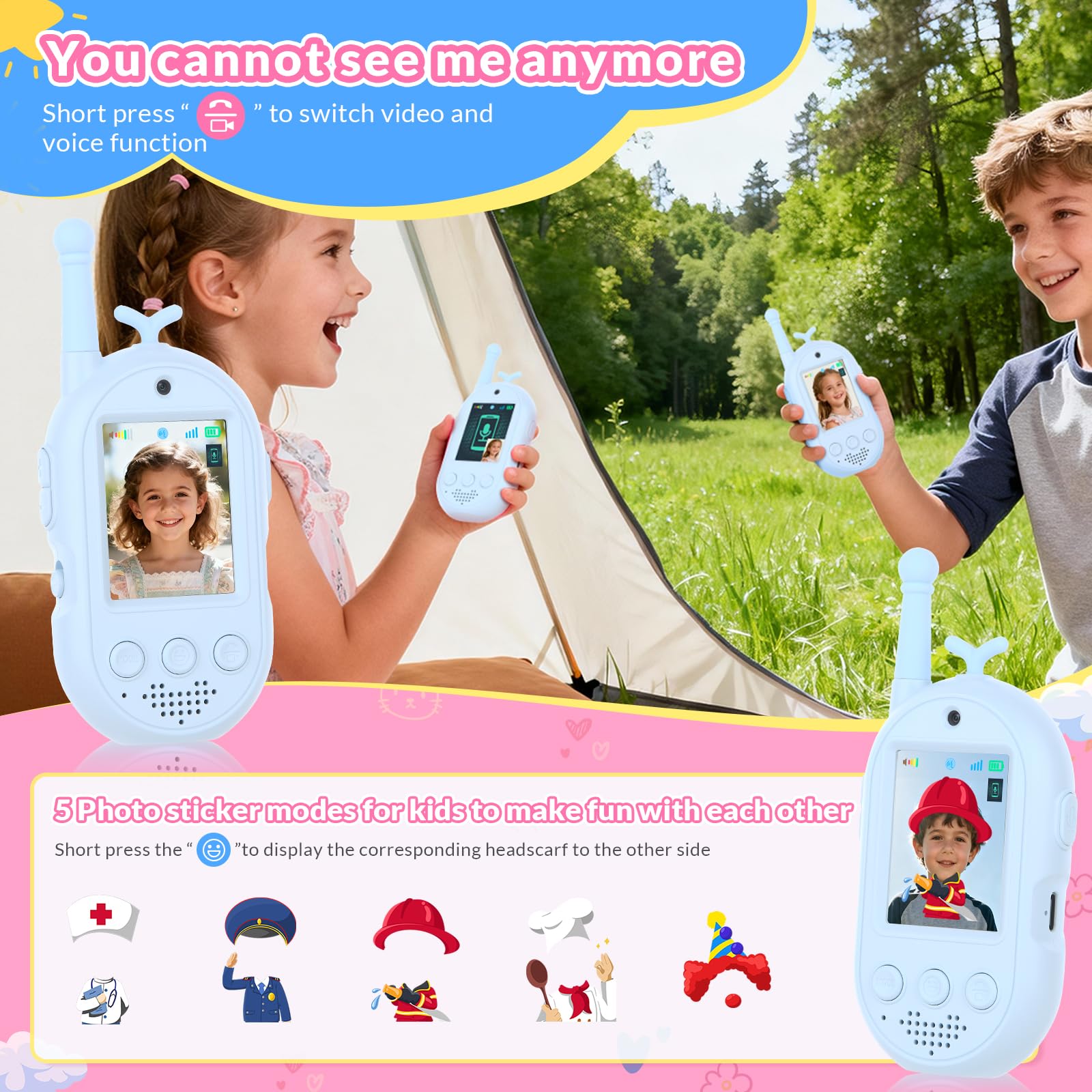 Kinder Walkie-Talkies stawia videofunctie, 2 stuks - Visuele walkie-talkies stawia 2 cale IPS-scherm, oplaadbare videowalkie-talkies voor kinderen van 3-12 jaar, geschikt voor binnen- en buitengebruik